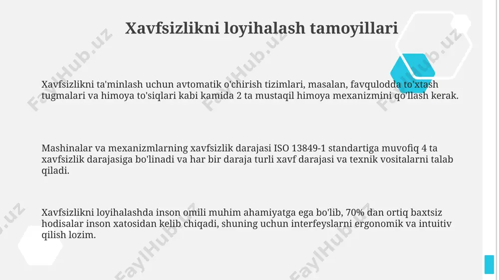 . xavfsizlik standartlari, masalan, iso 13849-1 va iec 61508, mashinalarni loyihalashda xavf darajalarini aniqlash va mos keladigan himoya choralari qo'llashni belgilaydi. mashina va mexanizmlarni sinovdan o'tkazish va sertifikatlash mashinalar va mexanizmlarni xavfsizlik talablariga muvofiqligi iec 61508 standartiga muvofiq 1-4 xavf darajalariga bo'linadi va sinovlar ushbu darajalarga qarab o'tkaziladi. sertifikatlash jarayoni mashinaning texnik hujjatlarini, loyiha-konstruktiv xususiyatlarini va o'tkazilgan sinovlarning natijalarini baholashni o'z ichiga oladi, kamida 3 ta mustaqil ekspert tomonidan. mexanizmlarning chidamlilik va ishonchlilik ko'rsatkichlarini aniqlash uchun kamida 1000 soatlik ishlash sinovlari va 5000 dan ortiq tsiklik yuklamalarga chidamlilik sinovlari o'tkaziladi. e'tiboringiz uchun rahmat @taqdimot_robot