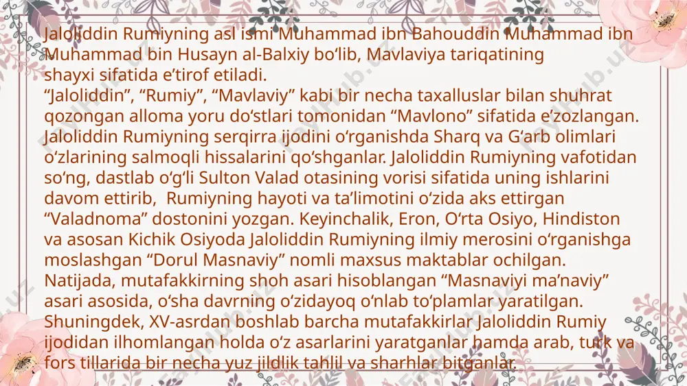 alqlari og‘zaki ijodining noyob durdonalaridan hikoyalar tarzida ko‘plab namunalar hamda, qur’oni karim oyatlari va hadislardan sharhlar keltiradi. rumiy – “eng buyuk haj bir ko‘ngilga yo‘l topib kirishdir. bir ko‘ngil yuzlarcha ka’badan go‘zaldir. ka’ba hazrati ibrohimning binosi bo‘lsa, ko‘ngil allohning nazargohidir” deydi jaloliddin rumiyni ko‘pincha “mavlono” deb atashgan va taxminan 1240- yilda asos solingan mavlaviya tariqatining nomi ham shundan olingan. “mavlono” – atamasi ustozlarni ulug‘lab, ularning nomlariga qo‘shib ishlatilgan va hurmat ma’nosida shaxs nomidan avval qo‘llanilgan. garbda bu tariqat azolari charx urib aylanuvchilar yo gardi darvishlar deyiladi thank you lorem ipsum dolor sit amet, consectetuer adipiscing elit. aenean commodo ligula eget dolor. lorem ipsum dolor sit amet, consectetuer adipiscing elit. aenean commodo ligula eget dolor. report：xx 20xx.x.x image1.png image2.png image3.png image4.png image5.png image6.png image7.jpeg image8.jpeg