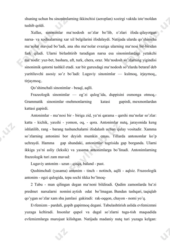 ba‘zi predmet narsalarni nomini aytish odat bo’lmagan. bundan tashqari, taqiqlab qo’ygan so’zlar xam shu jumlasi gakiradi: rak-oqqon, chayon - nomi yo’q. evfemizm - pardali, gopib gapirmoq degani. tabulashtirish aslida evfemizmni yuzaga keltiradi. insonlar qupol va dagal so’zlarni tuga-tish maqsadida evfemizmlarga murojaat kilishgan. natijada madaniy nutq turi yuzaga kelgan: o’ldi - vafot etmoq, xayotdan kuz yummoq, jonini topshirmoq, jon bermok va xokazo. 3 o’zbek tili lugat tarkibidagi ba‘zi so’zlarning turi emokional -ekspressiv munosabatini ifodalash xususiyatiga ega, boshqalarida esa bunday xususiyat yo’q. shu jihatdan so’zlar ikki turga bo’linadi: 1)buyoqsiz so’zlar; 2) buyoqdor so’zlar. emokional - ekspressiv buyoqsiz so’zlarda, leksik ma‘nodan tashqari, turli munosabatni ifodalovchi qo’shimcha ottenka bulmaydi: avval, ayb, ayyor, bosh, kambagal, katta kabi so’zlar narsa, belgi, xarakatning o’zini ifoda etadi, bularda so’zlovchi xech qanday munosabatni ifodalamaydi. shu sababli bu tipdagi leksika neytral leksika deb xam yuritiladi. emotsional - ekspressiv buyoqdor so’zlar narsa, belgi-xarakat kabilar-ni atash bilan birga, so’zlovchining shu narsa, belgi …