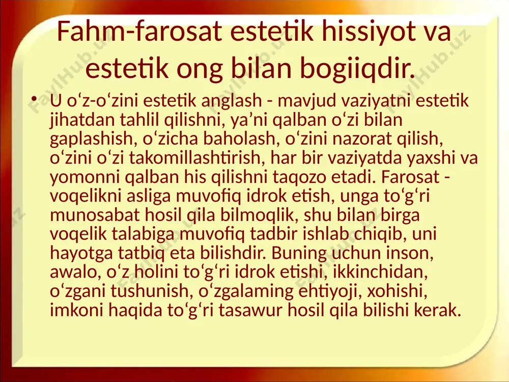 hayot tarzining muhim ifodasi bodgan xalq donishmandligi merosi bilan boyitilsa, uning tarbiyaviy samaradorligi ham shunchalik yuqori bo‘ladi. fahm-farosat va estetik didning shaxs ma’naviy kamolotidagi o‘rni har bir jamiyatning ma’naviyati kamoloti inson aql va tafakkuri, axloq- odobi, tajriba va malakasiga bog‘liq. prezident i.a.karimov “ma’naviyat insonning qon - qoni, suyak - suyagiga yillar davomida ona suti, oila tarbiyasi, ajdodlar o‘giti, vatan tuyg‘usi, bu xayotning ba’zida achchiq, ba’zida quvonchli saboqlari bilan qatra - qatra bo‘lib singib boradi... umuman olganda, insoniyat tarixi ma’naviyat - insonning, xalqning, jamiyat va davlatning buyuk boyligi va kuch - qudrat manbai ekanini, bu hayotda ma’naviyatsiz hech qachon odamiylik va mehr - oqibat, baxt va saodat bo‘lmasligini yaqqol tasdiqlaydi/’meb ta’kidlaydi. darhaqiqat, insonning insoniyligi uning fahm-farosati, aql-idroki, o‘z- o‘zini axloqiy anglash - mavjud vaziyatni axloqiy jihatdan tahlil qilishni, ya’ni qalban o‘zi bilan gaplashish, o‘zicha baholash, o‘zini nazorat qilish, o‘zini o‘zi takomillashtirish, har bir vaziyatda yaxshi va yomonni qalban his qilishi bilan …