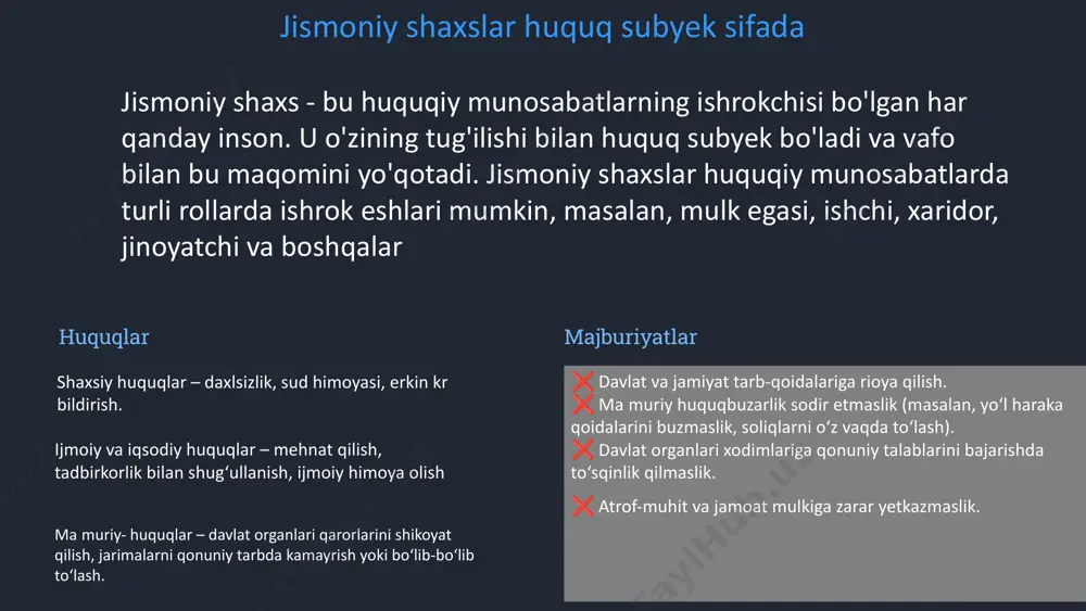 o'g'risida"gi qonun * boshqa qonunlar va normativ-huquqiy hujjatlar 3 davlat organlari va mansabdor shaxslar mansabdor shaxslar davlat organlari va mansabdor shaxslar maʼmuriy huquqning muhim subyektlaridan hisoblanadi. ular davlat nomidan ish koʻradilar va maʼmuriy-boshqaruv faoliyatini amalga oshiradilar. davlat organlari va mansabdor shaxslarning maʼmuriy huquqiy maqomi ularning vakolatlari, funksiyalari va vazifalarida belgilanadi. oliy davlat hokimiyati organlari (oliy majlis, prezident); * respublika davlat boshqaruvi organlari (vazirlar mahkamasi, vazirliklar, davlat qoʻmitalari); * mahalliy davlat hokimiyati organlari (viloyatlar, tumanlar, shaharlar hokimliklari); * sud organlari; * prokuratura organlari; * ichki ishlar organlari; * milliy xavfsizlik xizmati 4 mahalliy oʼzini oʼzi boshqarish asosan mahalla fuqarolar yigʻinlari shaklida faoliyat yuritadi va ular maʼmuriy-huquqiy subyekt sifatida turli vakolatlarga ega. mahalliy oʻzini oʻzi boshqarish organlari: 1. konstitutsiya (105-modda) va 2. “mahalliy davlat hokimiyati toʻgʻrisida”gi qonun asosida faoliyat yuritadi. mahalla fuqarolar yigʻinlari: jamoat boshqaruvi organi hisoblanadi, lekin davlat organi emas. hokimiyat vakolatlarini toʻldiruvchi organ sifatida ishlaydi. fuqarolarning o‘zini o‘zi boshqarish tizimida …