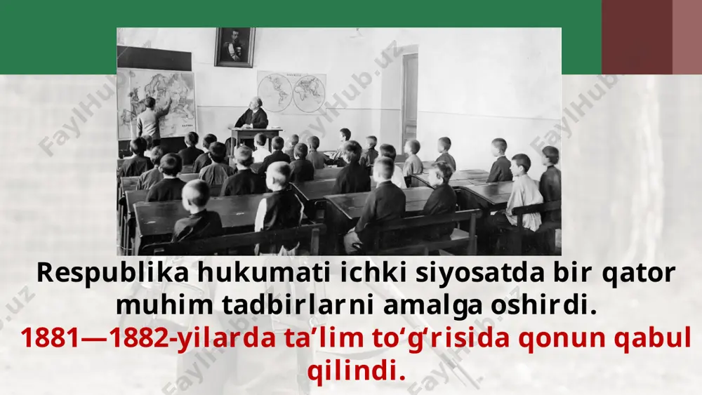 80-yilda ishchi tashkilotlari vakillari „fransiya ishchi partiyasi“ni tuzdi. ular ishsizlar va ish tashlashda qatnashayotganlar haqida g‘amxo‘rlik qila boshladi. ayni paytda, ishchilar mehnat birjalari tuzildi. fransiyada 1910-yilda pensiya haqida qonun qabul qilindi. unda pensiya yoshi 65 yosh deb belgilandi (bu ko‘rsatkich germaniya va buyuk britaniyada 70 yosh edi). ayni paytda ijtimoiy harakatda ikki asosiy oqim mavjud edi. ularning biri —jamiyatni parlament yo‘li bilan (islohotlar orqali) qayta qurish, ikkinchisi esa noqonuniy yo‘l bilan (qurolli qo‘zg‘olon) qayta qurish yo‘li edi. savol va topshiriqlar 1. fransiya hukumati ichki siyosatda qanday muhim tadbirlarni amalga oshirdi? 2. „dreyfus ishi“dan ko‘zlangan asosiy maqsad nima edi? 3. xix asr oxiri—xx asr boshlarida fransiya iqtisodiy ahvolida qanday o‘zgarishlar ro‘y berdi? 4. fransiya mehnatkashlari o‘z haq-huquqlari uchun olib brogan kurashlarida nimalarga erishdi? image2.jpg image3.jpeg image4.jpg image5.jpeg image6.jpeg image7.jpeg image8.jpeg image9.jpeg image10.jpeg image11.jpeg image12.jpeg image13.jpeg image14.jpeg image15.jpeg image16.jpeg image1.jpg