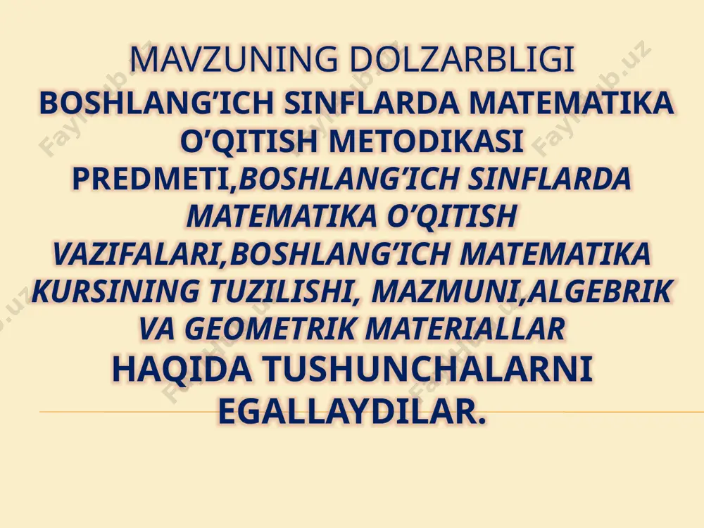 vurga ega bo’lish va amallarning bajarish tartibi va qoidasini o’zlashtirish, bir necha amalli misollarni yechish; matnli masalalar haqida tushuncha, uning mazmunini tahlil qilish, ularni turli usullarda yechish malakalarini egallash, egallangan bilimlarni ijtimoiy faoliyatda qo’llash; ”ulush”, ”kasr” tushunchasining ma’nosini bilish, ularni yoza olish, sonning ulushini va ulushga ko’ra sonni topish; ”sonli ifoda” tushunchasini o’zlashtirish, sonli ifodaning qiymatini topishni bilish, o’zgaruvchili ifodalar haqida tushuncha, sonli tenglik va sonli tengsizliklar va ularning xossalarini bilish; murakkab sonli ifodalarning qiymatini topish; tenglik va tengsizliklar haqida tushunchaga ega bo’lish va ularni yecha olish; kattaliklar (mahsulot narxi, miqdori va qiymati, to’g’ri chiziqli harakatda masofa, tezlik va vaqt) orasidagi bog’lanishlarga oid masalalar yecha olish; kattaliklar va ularni o’lchash, uni masalalar yechish jarayonida qo’llash; geometrik shakllar bilan tanishish, ularga mos nomlarni bilish, bu shakllarni bir-biridan farqlay olish, geometrik shakllarni yasay olish. yosh avlodni hozirgi zamon fani asoslari bilan kurollatirish orkali ularning akliy jixatdan maksimal darajada rivojlanishlariga erishish umumta’lim maktablari …