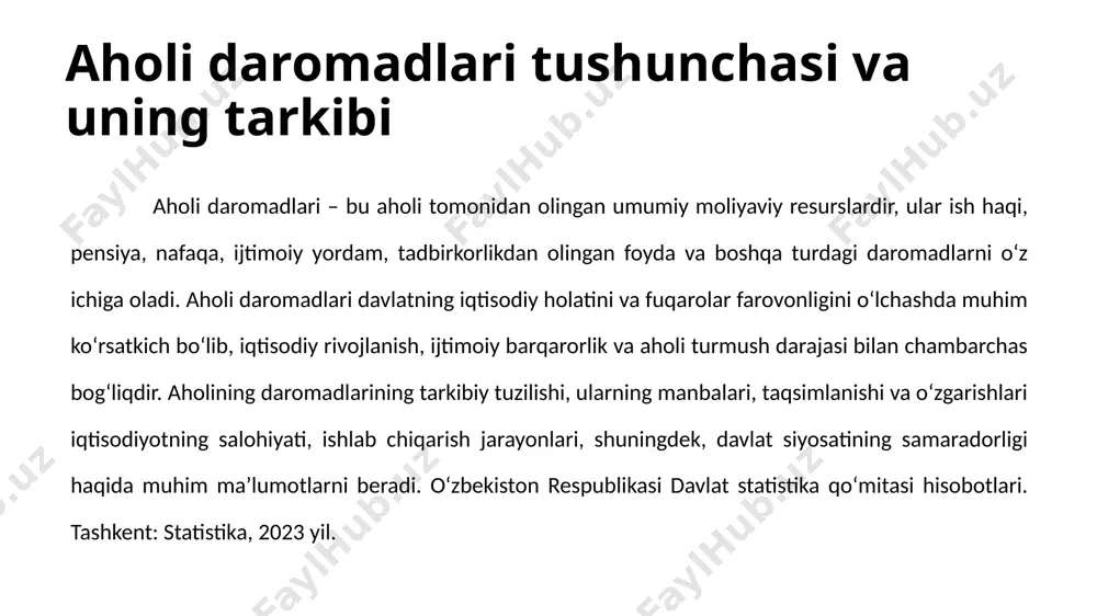 an biri bu yangi ish o‘rinlarini yaratish va ish bilan bandlik darajasini oshirishdan iborat bo‘lib, bu orqali aholining barqaror daromad manbaiga ega bo‘lishiga erishiladi. mehnat bozorini liberallashtirish, kichik biznes va xususiy tadbirkorlikni rivojlantirish orqali ko‘plab yangi imkoniyatlar yaratiladi. ayniqsa, yoshlar va ayollarni ish bilan ta’minlash, kasbhunar o‘rgatish, qayta tayyorlash kurslari orqali ularning mehnat bozoriga kirish imkoniyatlari kengaytirilmoqda. daromadlarni oshirishning yana bir muhim yo‘nalishi bu iqtisodiyotni diversifikatsiya qilish, ya’ni neft-gaz va paxtachilikdan tashqari sohalarni, masalan, sanoat, xizmat ko‘rsatish, axborot texnologiyalari, turizm va logistika tarmoqlarini rivojlantirishdir. bu esa aholining turli sohalarda ishlash imkoniyatini kengaytiradi. aholining daromadlarini oshirishda ish haqi va pensiyalarni bosqichma-bosqich ko‘tarish, minimal ish haqining real ehtiyojlarga mos tarzda belgilanishi ham muhim ahamiyatga ega. davlat tomonidan iqtisodiy o‘sishni ta’minlashga qaratilgan investitsion siyosat, xususan, xorijiy investitsiyalarni jalb qilish, sanoat zonalari tashkil qilish va infratuzilmalarni modernizatsiya qilish orqali ham ishbilarmonlik muhitiga ijobiy ta’sir ko‘rsatilib, aholi uchun yangi daromad manbalari yaratilmoqda. aholi umumiy daromadlarini …