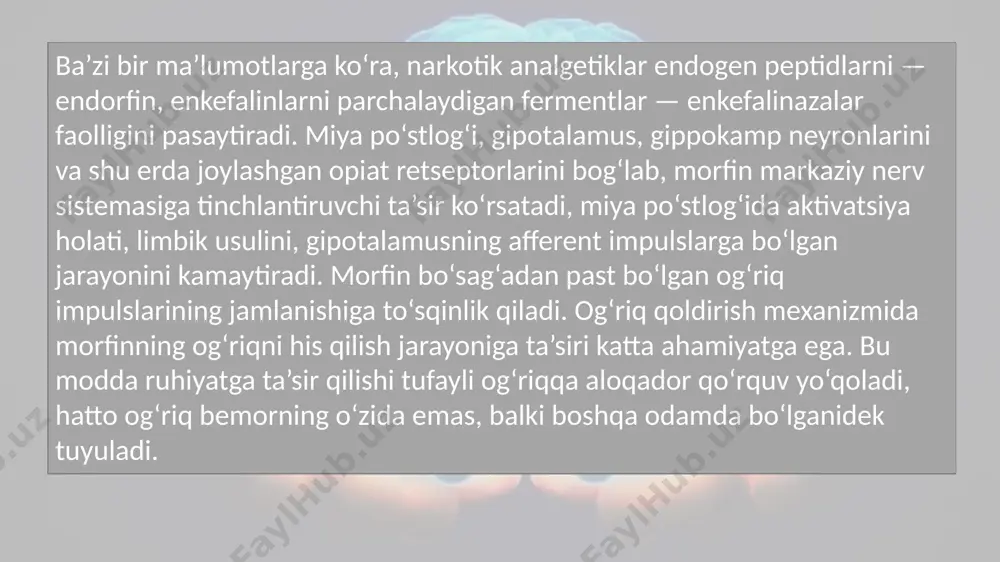 irgi kunda paratsetamolni keng qo‘llashadi, ular bu moddani bolalar uchun zararsiz deb hisoblashadi, lekin davomli qo‘llanganda jigarga salbiy ta’sir ko‘rsatishi, allergik jarayonlarni paydo qilishi mumkin. paratsetamol panadol, panadol solyubil nomlar bilan chiqariladi hamda koldreks tabletkalari tarkibiga kiradi. e`tiboringiz uchun rahmat image1.png /docprops/thumbnail.jpeg