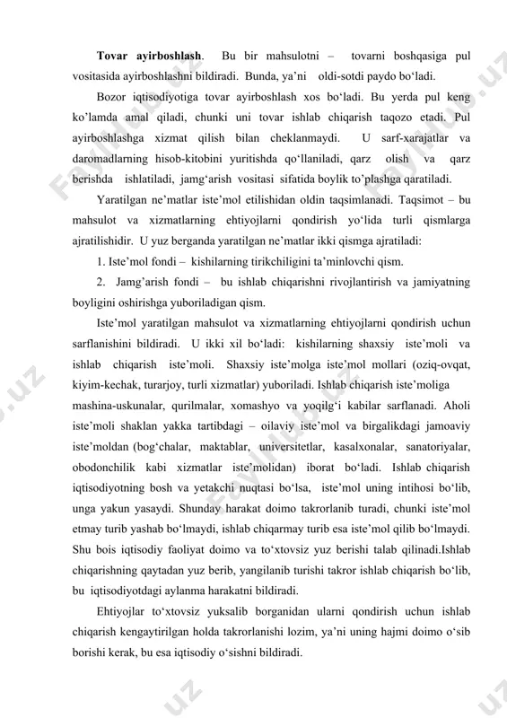 esa iste’mol qilib bo‘lmaydi. shu bois iqtisodiy faoliyat doimo va to‘xtovsiz yuz berishi talab qilinadi.ishlab chiqarishning qaytadan yuz berib, yangilanib turishi takror ishlab chiqarish bo‘lib, bu iqtisodiyotdagi aylanma harakatni bildiradi. ehtiyojlar to‘xtovsiz yuksalib borganidan ularni qondirish uchun ishlab chiqarish kengaytirilgan holda takrorlanishi lozim, ya’ni uning hajmi doimo o‘sib borishi kerak, bu esa iqtisodiy o‘sishni bildiradi. iqtisodiy resurslar iqtisodiy faoliyat uchun nimaiki zarur bo‘lsa, ular iqtisodiy resurslar hisoblanadi. resurslar moddiy va insoniy (mehnat) resurslaridan iborat. moddiy resurslar moddiy ashyoviy shakldagi resurslar bo‘lib, ular ikki xil bo‘ladi: a) тabiiy resurslarni tabiat insonga in’om etgan bo‘lib, yer, suv osti va yer usti boyliklari, ob-havodan iborat. yer qa’ridagi boyliklarni qaytadan yaratib bo‘lmaydi. masalan, yangidan yer maydonini, yer ostidagi neft, gaz va turli ma’danlarni yaratib bo‘lmaydi. biroq tuproq hosildorligini oshirish, yerdagi dov-daraxtlar va boshqa o‘simliklarni yangidan yaratish, ya’ni ekib, parvarish qilish mumkin. тabiiy resurslar eng noyob va qimmatbaho resurslar hisoblanadi. b) inson o‘z qo‘li bilan …