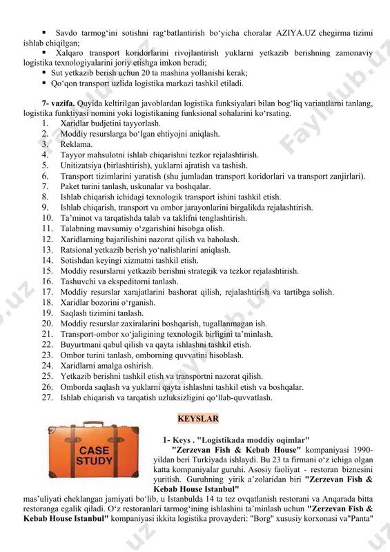 omobil transportida yetkazib berishni tashkil etish; · yuklar shimoliy hududlarga avval daryo, keyin dengiz yoki havo transporti orqali yetkaziladi; · tovar-moddiy zaxiralar aylanmasi 2 baravar oshdi; · har yili kanada transportining yuk aylanmasi 10 milliard tonnadan oshadi; · reklama xarajatlarining 1% o‘sishi mahsulot sotishni taxminan 1000 donaga (oyiga tovarlar soni) oshiradi; · tovar aylanmasi yiliga 8000 kir yuvish mashinasini tashkil etdi; · 18 ta yetkazib beruvchi shahardagi maktablar va maktabgacha ta’lim muassasalariga umumiy xarajatlar minimal bo‘lishi uchun xizmat qiladi; · bozor tadqiqotlari shuni ko‘rsatdiki, yillik bozor o‘sishi yiliga 5% ni tashkil qiladi; · yevropa ittifoqi mamlakatlari yagona ichki bozorni shakllantirmoqda; · ishlab chiqarish logistikasi ustaxonani tizim sifatida ko‘rib chiqadi; · yevropadan yetkazib berishni buzish ehtimoli yaponiya va janubiy koreyadan yetkazib berishdan ikki baravar kam; · farg‘ona viloyatida yo‘llar qurish uchun "farg‘onaavtodor" uk bir nechta shag‘al yetkazib beruvchilarni tanladi; · kimyoviy korxonaga xomashyo yetkazib berishda vaqt va xavfsizlik mezonlari muhim ahamiyatga …