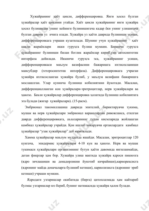 . хужайра репродукциясининг бир неча турлари бор: митоз (нотугри булиниш), мейоз, эндомитоз ва амитоз (тугри булиниши). митоз. митотик булиниш утган асрнинг охирларида ҳайвон ҳужайраларида флемминг (1882), усимлик ҳужайраларида страсбургер (1882) томонидан таърифланган. митоз (юнонча mitos - ип) булиниш конуниятлари барча ҳужайралар учун умумийдир. 25-расм. хужайранинг ҳаёт шаклидаги гетеросинтетик ва автосинтетик интерфазаларнинг узаро муносабати. хужайра булинишдаги жараёнлар маълум конуният асосида бориб, уларни кетма-кет келадиган интерфаза ва митозга булиш мумкин. баъзи бир ҳужайралар популяцияси доимо булинишда булади (камбиал зона ҳужайралари). булинишга тайёргарлик вактини (интерфаза) ва митоз булиниши кушилиб митотик цикл дейилади (26-расм). 26-расм. митотик цикл (схема). g1 - присинтетик (постмитотик)давр; s-синтетик давр; g2 - постсинтетик (перемитотик давр). интерфаза даврида ҳужайра ичидаги структураларнинг кескин усиши ва шаклланиши бошланади. бу даврга g1 -синтез олди даври деб аталади. биокимёвий томонидан бу давр оксил ва рнк интенсив синтезибилан ифодаланади, бу булинувчи ҳужайралар генерация вактининг 30-40 % ини ташкил этади. s даврида узун ва узаро чигал ҳосил …