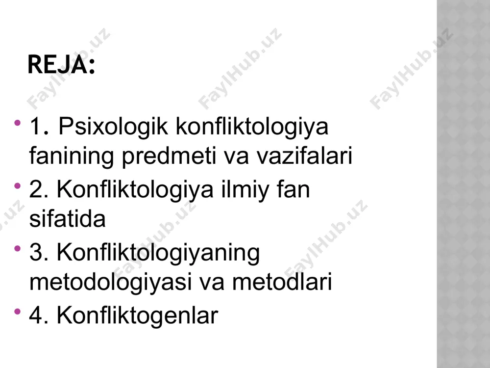 n “konfliktologiya” bo‘lib, u lotincha “conflictus” – to‘qnashuv, “logiya” – ta’limot demakdir. demak, to‘qnashuv haqida ta’lim berish, ya’ni to‘qnashuv haqidagi fan hisoblanadi. psixologik konfliktologiya fanining predmeti – konfliktlarning yuzaga kelishi, rivojlanishi va tugallanishiga doir umumiy qonuniyatlardir. konflikt - o‘zaro qarama-qarshi bo‘lgan ziddiyatli manfaatlar va munosabatlarning ochiq to‘qnashuvidir. konfliktning yechimini topish – konfliktli vaziyatni yo‘qotish hamda u yuzaga keltirgan munosabatlarni to‘g‘ri yo‘lga solish bilimlari va ko‘nikmalari majmuidan iboratdir. karina v. korostelina and simone lassig. history education and post-conflikt reconciliation. usa canada. routledge, 2013. ammo har doim ham bizning bilim va ko‘nikmalarimiz konfliktli vaziyatdan chiqib ketish uchun yetarli bo‘lmaydi. chunki bizning hayotiy tajribamiz kam, chunki biz konfliktlar yechimi bo‘yicha maxsus bilimlarni egallamaganmiz. tabiiyki, har bir inson konfliktlarni tushunadi, ularning mohiyatini to‘g‘ri anglaydi hamda ularni yenga oladi deyish, xato hisoblanadi. xorijiy ellarda yuqori va quyi bosqichdagi barcha rahbar xodimlar, biznes menejerlarning barchasi konfliktlar yechimi bo‘yicha ta’lim oladilar. psixologik konfliktalogiya fanini o‘qitishdan maqsad – …