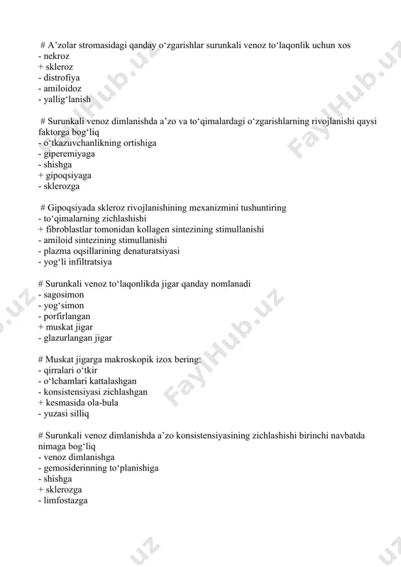 i qaysi faktorga bog‘liq - o‘tkazuvchanlikning ortishiga - giperemiyaga - shishga + gipoqsiyaga - sklerozga # gipoqsiyada skleroz rivojlanishining mexanizmini tushuntiring - to‘qimalarning zichlashishi + fibroblastlar tomonidan kollagen sintezining stimullanishi - amiloid sintezining stimullanishi - plazma oqsillarining denaturatsiyasi - yog‘li infiltratsiya # surunkali venoz to‘laqonlikda jigar qanday nomlanadi - sagosimon - yog‘simon - porfirlangan + muskat jigar - glazurlangan jigar # muskat jigarga makroskopik izox bering: - qirralari o‘tkir - o‘lchamlari kattalashgan - konsistensiyasi zichlashgan + kesmasida ola-bula - yuzasi silliq # surunkali venoz dimlanishda a’zo konsistensiyasining zichlashishi birinchi navbatda nimaga bog‘liq - venoz dimlanishga - gemosiderinning to‘planishiga - shishga + sklerozga - limfostazga # uzoq davom etuvchi surunkali yurak yetishmovchiligida jigarda qanday patologik jarayon rivojlanadi - gialinoz - amiloidoz - induratsiya + sirroz - gemosideroz # surunkali umumiy venoz to‘laqonlikda buyrakdagi o‘zgarishlarni ayting - gemosideroz - gialinoz + sianotik induratsiya - skleroz - amiloidoz # surunkali umumiy venoz to‘laqonlikda …