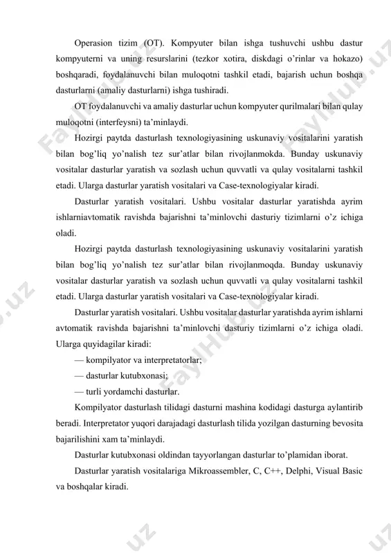 dalanuvchi ishlashi uchun operativ xotirada keng maydon yaratadi. shaxsiy kompyuterlarning operasion sistemalari yaratilish tarixi. sakkiz razryadli shaxsiy kompyuterlar uchun yaratilgan birinchi operasion sistema cr/m- 80 (control programm for microcompyuters, ya’ni mikrokompyuterlar uchun boshqaruvchi dasturlar) nom bilan tanilgan. shundan sо’ng 16 razryadli kompyuterlar uchun operasion sistemalar yaratish jadallashdi va 1981 yilda shaxsiy kompyuterlar uchun birinchi yaratilgan cr/m operasion sistemasining kо’p g’oyalarini о’zida mujassamlashtirgan. ms dos 64 k bayt xotiraga ega bо’lgan kompyuterlarga mо’ljallangan bо’lib, о’zi 8 k bayt xotirani egallagan. hozirgi kunga kelib shaxsiy kompyuterlarning xotirasi birnecha gegabaytlarga tenglashdi. turli mualliflar ms dos ni rivojlantirishni davom etirib, uning ms dos 1.1, ms dos 1.25, ms dos 2.0, ms dos 2-11 versiyalarini taklif etishdi va nihoyat, 1984 yilda ms dos 3.0 ibm pc at shaxsiy kompyuteriga 80286 mikroprotsessorga asoslangan, 5.25 dyuymli diskovodda ishlashga, mо’ljallangan operasion sistema yaratildi. 1986 yilda compaq compyuter firmasi 80386 mikroprotsessorga asoslangan ibm kompyuterini chiqardi. ibm firmasi esa 80386 …