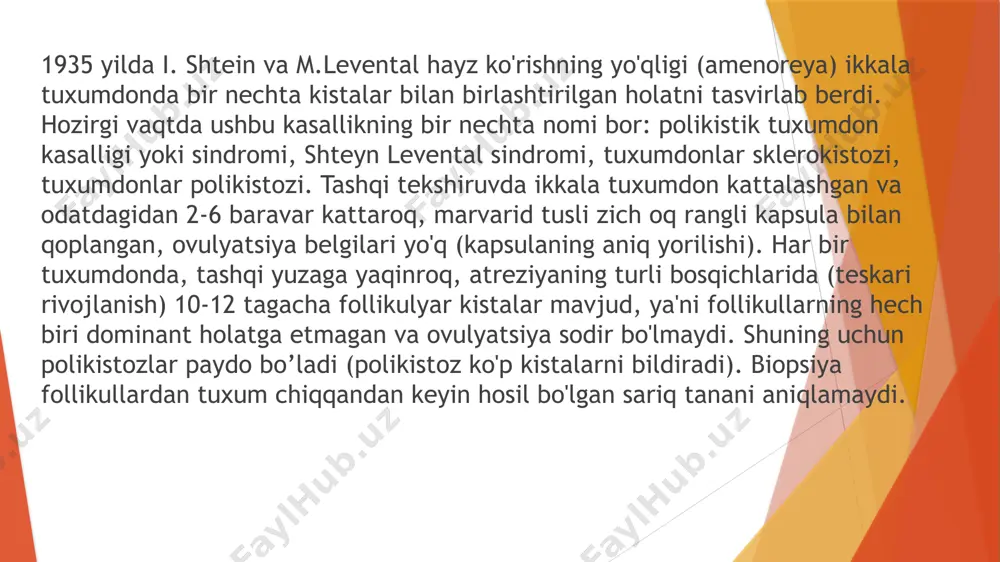 ikistozi. 3. rivojlanishning triggeripolikistiktuxumdonlarda balog'at davrida buyrak usti bezlari tomonidan sintez qilingan erkak jinsiy gormonlarining ortiqcha bo'lishi mumkin. periferik to'qimalarda, shu jumladan yog 'to'qimalarida adrenal androgenlar estrogenlarga aylanadi, bu esa lh sekretsiyasini rag'batlantirishga va fsh sintezini bostirishga olib keladi. lh tuxumdonlarda androgenlarning ko'payishiga olib keladi va yuqorida tavsiflangan hodisalarni keltirib chiqaradi. kelajakda bu mexanizm muhim ahamiyatga ega bo'lishni to'xtatadi va buyrak usti bezlari endi ortiqcha miqdorda androgenlarni ajratmaydi. 4. ba'zi bemorlarda ba'zilarining faolligi oshishi va boshqa fermentlarning etishmovchiligi tufayli tuxumdonlarda jinsiy gormonlar sintezi buziladi, bu esa erkak jinsiy gormonlarining ortiqcha sekretsiyasiga olib keladi. 5. ayrim hollarda kasallikning irsiy tabiati kuzatiladi. androgenlarning ko'tarilgan darajasi gipertrikoz (ular odatda mavjud bo'lgan joylarda ortiqcha soch o'sishi) va hirsutizmga (haddan tashqari ko'p) olib keladi.soch o'sishierkaklar turiga ko'ra tanalar, ya'ni. odatda bo'lmagan joylarda soch o'sishi). odatda perineum, shin, son, qorinning oq chizig'ida ortiqcha soch o'sishi mavjud; "antennalar" yuqori labda paydo bo'lishi mumkin. erkak jinsiy gormonlari akne, …