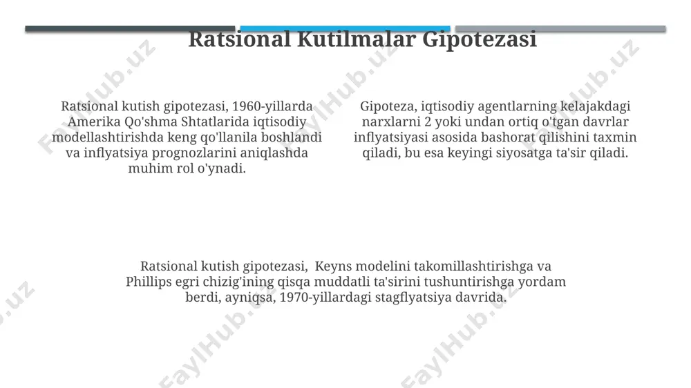 rida, tashqi qarz inqirozlarini kuchaytirdi va o'sish sur'atlarining pasayishiga olib keldi. stagflyatsiya muammosi neoklassik iqtisodiyotchilarning taklif tomoniga qaratilgan siyosatlarga qiziqishini oshirdi, 1980-yillarda paul volckerning aqshda yuqori foiz stavkalari siyosati bunga misoldir. adaptativ kutilmalar gipotezasi adaptativ kutish gipotezasi, 1960-yillardagi aqsh inflyatsiyasi ma'lumotlariga asoslanib, qisqa muddatli phillips egri chizig'ining shaklini tushuntirishga urinib ko'rdi. adaptativ kutish gipotezasi, neo-keynesian modellarida narxlar dinamikasini modellashtirishda muhim rol o'ynaydi va 1970-yillardagi stagflyatsiya hodisasini tushuntirishda muammolarga duch keldi. bu gipoteza, odamlarning kelajakdagi inflyatsiya haqidagi kutishini o'tmishdagi inflyatsiya darajasi bilan aniqlanishini taxmin qiladi, masalan, 0,5 koeffitsiyentli o'rtacha hisoblash orqali. xulosa va tavsiyalar монетар сиёсатнинг самарадорлигини ошириш учун марказий банкнинг фоиз ставкаларини 12% дан 8% гача пасайтириш, шунингдек, кредит ресурсларини 20% га ошириш тавсия этилади (ақш тажрибасидан келиб чиқиб). кейнсиан моделлари ва филлипс эгри чизиғини таҳлил қилиш натижасида, ўзбекистон миқёсида 2023 йилда инфляция даражасини 10% гача тушириш бўйича таклифлар ишлаб чиқилди. тадқиқот натижаларига кўра, давлатнинг 5% лиқ яимга тенг инвестициялари …