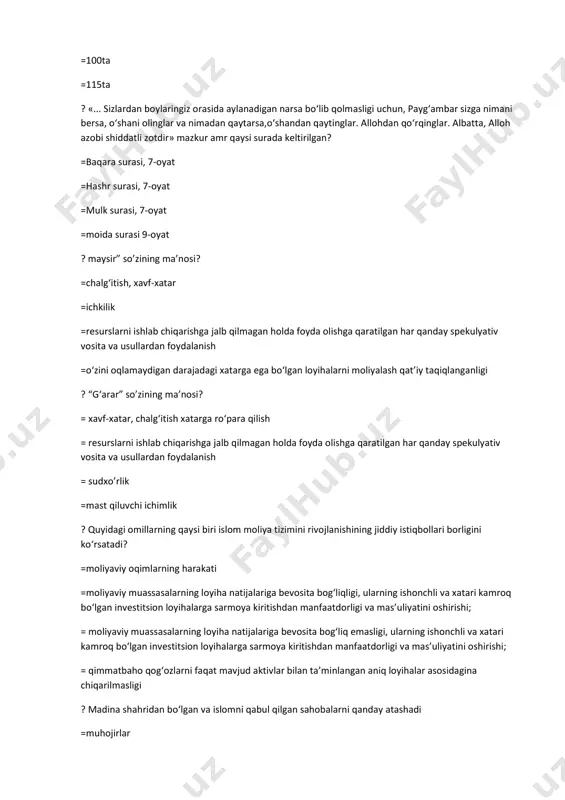 oyihalarga sarmoya kiritishdan manfaatdorligi va mas’uliyatini oshirishi; = qimmatbaho qog‘ozlarni faqat mavjud aktivlar bilan ta’minlangan aniq loyihalar asosidagina chiqarilmasligi ? madina shahridan bo‘lgan va islomni qabul qilgan sahobalarni qanday atashadi =muhojirlar =shaxidlar =sayyohlar =ansorlar ? payg‘ambarimiz sollallohu alayhi vasallam, dastlab, nechta masjidlarga asos solishlari bilan islom iqtisodiyoti ham shakllanishni boshladi? =3 ta =5ta =2ta =4ta ? payg‘ambarimiz sollallohu alayhi vasallam davrlarida madinada nechta bozor mavjud edi? =5ta =4ta =6ta =3ta ? nabiy alayhissalom bozor ishlarini nazorat qilish uchun me’yoriy-huquqiy asos va tartibga soluvchi tizim sifatida yangi muassasani tashkil etdilar.bu muassasa nomi kursatilgan javobni belgilang. =hamr =maysir =hisba =tug‘ri javob yuq ?islomda yer solig‘i nima deb atalgan? =xiroj =g‘anima = fay’ =luqta ? jizya deb nimalarni atashgan? =urush va sariyalarda olingan o‘ljalar hisobidan shakllantirilgan mablag‘ =yo‘qolgan va topilgan narsalar =masjidda uysizlar kelib yashashlari mumkin bo‘lgan (joy) =g‘ayridinlardan ularni himoyasi uchun olinadigan to‘lov ? masjidda uysizlar kelib yashashlari mumkin bo‘lgan vaqf uylari …