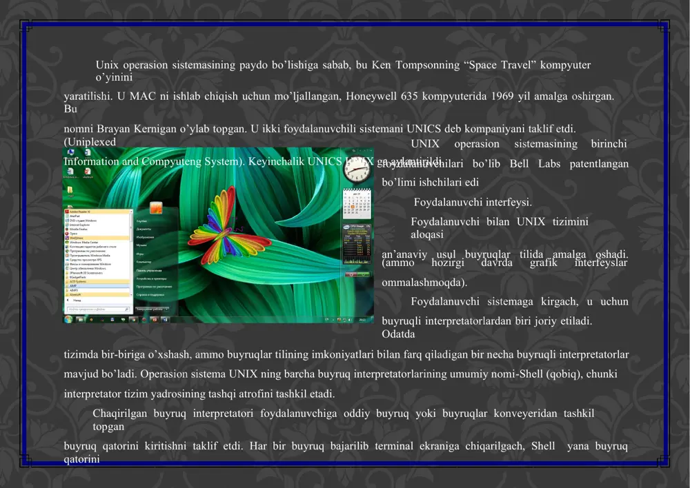 , unix va linux dasturlari. dunyoning 70% kompyuterlari microsoft korporatsiyasi tomonidan yaratilgan operatsion tizimlar bilan jihozlangan. bo’lardan 1981 yilda yaratilgan - ms-dos dasturi, 1991 yilda yaratilgan - windows 3,1 dasturi, 1995 yilda yaratilgan - windows 95 dasturi, 1998 yilda yaratilgan – windows 98 dasturi, 2000 yilda yaratilgan - windows 2000 dasturi, 2001 yilda yaratilgan - windows millennium edition va windows xp dasturlari. windows dasturning taniqli bo’lishining asosiy sababi bu - ish jarayoni soddaligi, ko’p vazifali rejim, bir xil ishlash interfeysi va boshqa qulayliklar. boshqa operatsion tizimlarga o’xshab windows dasturi ham kompyuter xotirasiga kompyuter yoqilish vaqtda avtomatik ravishda yuklanadi. windows so’zi inglizcha “window”-oyna degan ma’noni anglatadi. windows-oynalar, ya’ni windows operatsion tizimida oynalar bilan ishlaydi. windows operatsion tizimi uchun zarur bo’lgan resurslar hozirgi kunda keng ommaga taqdim qilinadigan kompyuterlarga windows operatsion tizimlari o’rnatilib taqdim etilayapti. agar kompyuterlar ilgariroq olingan bo’lsa, bu kompyuterlarga ham windows operatsion tizimlarini o’rnatish mumkin.buning uchun ma’lum shartlar (resurslar) …