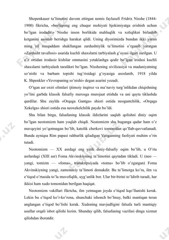 transkripsiyada «toma» bo’lib o’zgargan) foma akvinskiyning yangi, zamonaviy ta’limoti demakdir. bu ta’limotga ko’ra, ilm va e’tiqod o’rtasida to’la muvofiqlik, uyg’unlik bor. ular bir-birini to’ldirib turadi, har ikkisi ham xudo tomonidan berilgan haqiqat. neotomizm vakillari fikricha, ilm yetmagan joyda e’tiqod kqo’llanishi kerak. lekin bu e’tiqod ko’r-ko’rona, shunchaki ishonch bo’lmay, balki mantiqan teran anglangan e’tiqod bo’lishi kerak. xudoning mavjudligini falsafa turli mantiqiy usullar orqali isbot qilishi lozim. shunday qilib, falsafaning vazifasi dinga xizmat qilishdan iboratdir. neotomistlar dunyoni, jamiyatni xudo yaratgan, jamiyat taraqqiyoti xudoning rejasi asosida boradi, deydilar. diniy teologiya oqimi bo’lganligidan neotomizm albatta, ilohiy qadriyatlarni ustuvor qo’yadi. ammo u din va uning jamiyatdagi o’rniga, o’zining nomi kelib chiqishiga sabab bo’lgan, foma akvinskiy zamonidan farqli yondoshadi. fomadan keyingi davr yevropada xristianlikning sofligini saqlash g’oyasi, asta-sekin mutlaqlashib, o’rta asr akidaparastligining ma’lum ko’rinishlaridan biri-inkvizisiyaga olib kelgan edi. bu esa hurfikrlilik, ilm-fandagi yangilikka qarshi kurashga aylanib ketgan edi. lekin inson huquqlari, fikr erkinligi demokratiya belgisiga aylangan …
