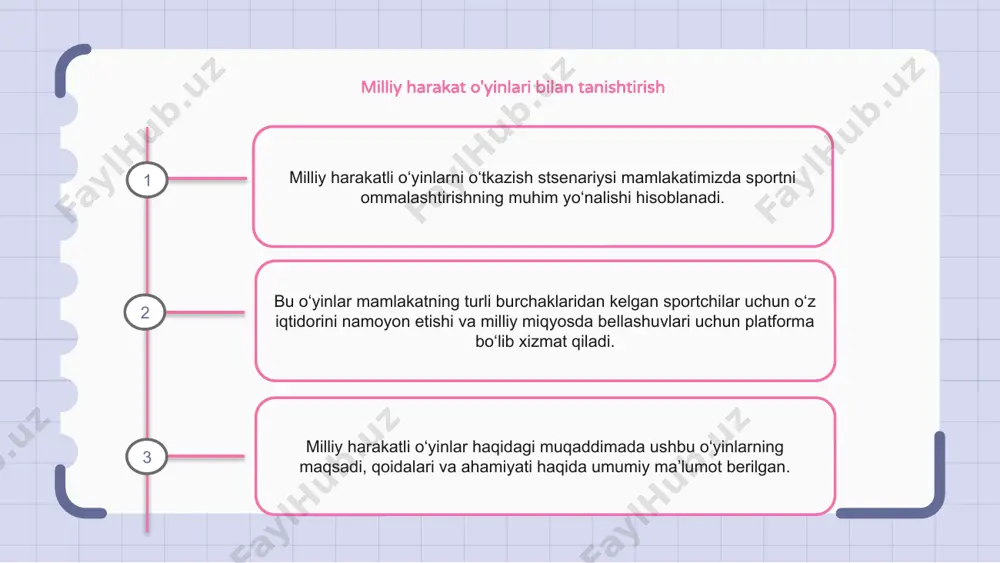 ylar, turar joy, transport va boshqa vositalarni tashkil qilish kerak. milliy harakat o'yinlari: athletic excellence platformasi milliy harakatli o'yinlarni o'tkazish stsenariysi atletik mahorat uchun platformadir. bu o‘yinlar sportchilarga o‘z mahoratini namoyish etish va milliy miqyosda bellashish imkoniyatini beradi. bu turli shtatlardan kelgan ishtirokchilar o'rtasida fitnes, sport mahorati va birdamlikni targ'ib qilishning bir usuli. milliy jangovar o‘yinlarda texnologiyaning o‘rni milliy harakatli o'yinlarni o'tkazish stsenariysi turli jihatlarni, shu jumladan texnologiyaning rolini o'z ichiga oladi. texnologiya ishtirokchilar va tomoshabinlarning tajribasini oshirishda hal qiluvchi rol o'ynaydi. ilg'or jonli translatsiyadan virtual haqiqat simulyatsiyalariga qadar texnologiya milliy jangovar o'yinlarni o'tkazish usulini inqilob qildi. milliy jangovar o‘yinlarda sport mahorati va halol o‘yinni targ‘ib qilish milliy harakatli o'yinlarni o'tkazish stsenariysi sport mahorati va halol o'yinni rivojlantirishga qaratilgan. ishtirokchilar sog'lom raqobat ruhini saqlab, o'z mahoratlarini namoyish etishlari tavsiya etiladi. maqsad - o'yinlar natijasidan qat'i nazar, ishtirokchilarda jamoaviy ish va sport mahoratini oshirish. fair-playga alohida e'tibor qaratilgan bo'lib, barcha uchun …