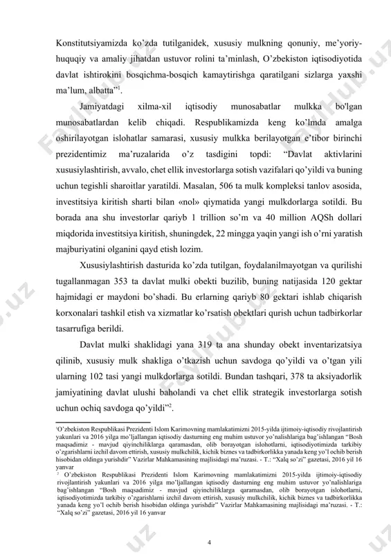 alanilmayotgan va qurilishi tugallanmagan 353 ta davlat mulki obekti buzilib, buning natijasida 120 gektar hajmidagi er maydoni bo’shadi. bu erlarning qariyb 80 gektari ishlab chiqarish korxonalari tashkil etish va xizmatlar ko’rsatish obektlari qurish uchun tadbirkorlar tasarrufiga berildi. davlat mulki shaklidagi yana 319 ta ana shunday obekt inventarizatsiya qilinib, xususiy mulk shakliga o’tkazish uchun savdoga qo’yildi va o’tgan yili ularning 102 tasi yangi mulkdorlarga sotildi. bundan tashqari, 378 ta aksiyadorlik jamiyatining davlat ulushi baholandi va chet ellik strategik investorlarga sotish uchun ochiq savdoga qo’yildi”[footnoteref:2]. [2: o’zbekiston respublikasi prezidenti islom karimovning mamlakatimizni 2015-yilda ijtimoiy-iqtisodiy rivojlantirish yakunlari va 2016 yilga mo’ljallangan iqtisodiy dasturning eng muhim ustuvor yo’nalishlariga bag’ishlangan “bosh maqsadimiz - mavjud qiyinchiliklarga qaramasdan, olib borayotgan islohotlarni, iqtisodiyotimizda tarkibiy o’zgarishlarni izchil davom ettirish, xususiy mulkchilik, kichik biznes va tadbirkorlikka yanada keng yo’l ochib berish hisobidan oldinga yurishdir” vazirlar mahkamasining majlisidagi ma’ruzasi. - t.: “xalq so’zi” gazetasi, 2016 yil 16 yanvar] mulkchilik tizimi munosablarni …