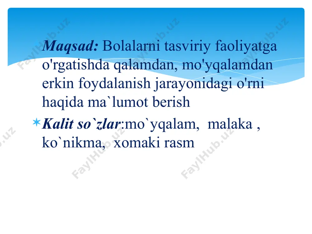 ifalar qo'yiladi, ya'ni naqsh tuzilishi ketma-ketligida tasviri bilan birgalikda, yordamchi chiziqlardan foydalanish va o'z ixtiyorlari bilan xalq amaliy-dekorativ san'at elementlaridan foydalanish va san'at haqida o'tkaziladigan dars-suhbat jarayonida o'rganadilar. bolalarning tasviriy faoliyati mashg'ulotlari geometrik shakllarni topa yoki ko'ra olishga, ularni terminlar bilan atashga, kengligi, kattaligi, n/.unligi, balandligini, qismlarning bir-biriga nisbatan fazoviy joylashishi bilan tnnishishni bolalarni maktabning 1-sinfida elementar matcinatik tushunchalarini puxta egallashlariga yordam beradi. maktabgacha ta'lim tashkilotida kerakli materiallardan qurish-yasash bolalarda ko'z bilan chamalashni shakllantiradi va bolalarni maktabdagi icxnik darslarni cgallashiga yoki o'zlashtirishiga yordam beradi. maktabgacha ta’lim tashkilotining katta guruhidagi naturaga qarab rasm chizish mashg'ulotlarda mantiqiy fikr yuritishga, kuzatishga, asosiy ajratib ko'rishgn predmetning fazoviy xususiyatlarini tahlil qilishga, o'zlari mustaqil ravishda tasviriy vositalarni tanlashga o'rganadilar. biilarning hnmmasi esa maktabda o'qish jarayonida zarurdir. shunday qilib, bolalarning tasviriy faoliyati mashg'ulotlarida maktabda o'qishga tayyorlash axloqiy, estetik tarbiyalab, ulardabadiiy did va ijodiy qobiliy.it larni o'stiradi. nazorat savollari: tasviriy faoliyatmashg`uloti bolalarga nimani o’rgatadi? maktabgacha ta’limdatasviriy faoliyat mashg`ulotlarida …