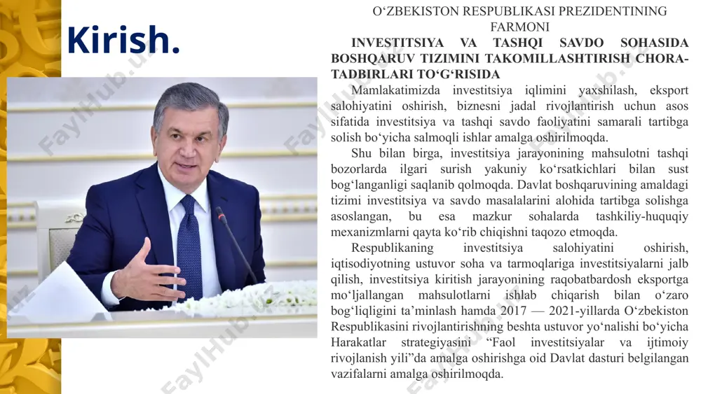 tadbirkorlik faoliyatining huquqiy asosi sifatida имущественную основу хозяйствования составляет право собственности 10 xo‘jalik yurituvini mulkiy asoslarini mulk huquqi tashkil etadi mulk huquqi egalik qilish foydalanish tassarruf etish ommaviy mulkning turlari quyidagilar: respublika mulki yer, yer osti boyliklari, suv, havo bo‘lig‘i, o‘simlik dunyosi, hayvonot dunyosi, boshqa tabiiy boyliklar, davlat xokimiyati organlarining mol-mulki, davlat ahamiyatiga ega bo‘lgan madaniy va tarixiy boyliklar, respublika byudjeti mablag‘lari, ltin zaxirasi, valyuta fondi va boshqa fondlar, davlat mablag‘lari hisobiga yaratilgan yoki sotib olingan korxonalar va boshqa mulkiy komplekslar davlat hokimiyati mahalliy organlarining mol-mulki, mahalliy byudjet mablag‘lari, kommunal xo‘jalik korxonalar va boshqa mulkiy komplekslar, munitsipal uy-joy fondi, madaniyat muassasalari, xalq ta'limi muassasalari, sog‘liqni saqlash muassasalari, boshqa mol-mulklar fuqarolik huquqining ob'yekti sifatida ashyolar quyidagi turlarga bo‘linadi: a) xususiy va turga xos alomatlari bilan belgilangan ashyolar (fk 87-m.); b) bo‘linadigan va bo‘linmaydigan ashyolar (fk 88-m.); v) iste'mol qilinmaydigan va iste'mol qiladigan ashyolar (fk 89-m.); g) asosiy va mansub ashyolar (fk …