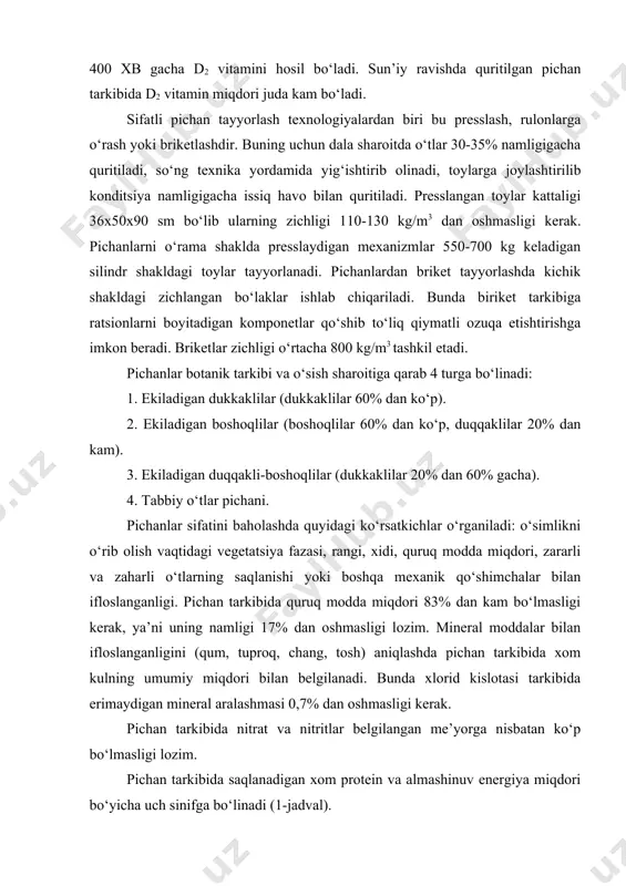 ori 83% dan kam bo‘lmasligi kerak, ya’ni uning namligi 17% dan oshmasligi lozim. mineral moddalar bilan ifloslanganligini (qum, tuproq, chang, tosh) aniqlashda pichan tarkibida xom kulning umumiy miqdori bilan belgilanadi. bunda xlorid kislotasi tarkibida erimaydigan mineral aralashmasi 0,7% dan oshmasligi kerak. pichan tarkibida nitrat va nitritlar belgilangan me’yorga nisbatan ko‘p bo‘lmasligi lozim. pichan tarkibida saqlanadigan xom protein va almashinuv energiya miqdori bo‘yicha uch sinifga bo‘linadi (1-jadval). 1–jadval pichanlarning siniflarga bo‘linshi pichan turilari pichan sinfi quruq modda tarkibida xom protein miqdori,% (kamida) 1 kg quruq modda tarkibidagi almashinuv energiyasi, mdj (kamida) ekiladigan dukkaklilar 1 16 9,2 2 13 8,8 3 10 8,2 ekiladigan boshoqli 1 13 8,9 2 10 8,5 3 8 8,2 ekiladigan dukkakli–boshoqli 1 14 9,1 2 11 8,6 3 9 8,2 tabbiy o‘tlar 1 11 8,9 2 9 8,5 3 7 7,9 pichan sifatini laboratoriya tahlillari yordamida yoki xo‘jalik sharoida organoleptik usullar bilan baholanadi. buning uchun jamg‘arilgan oziqadan …