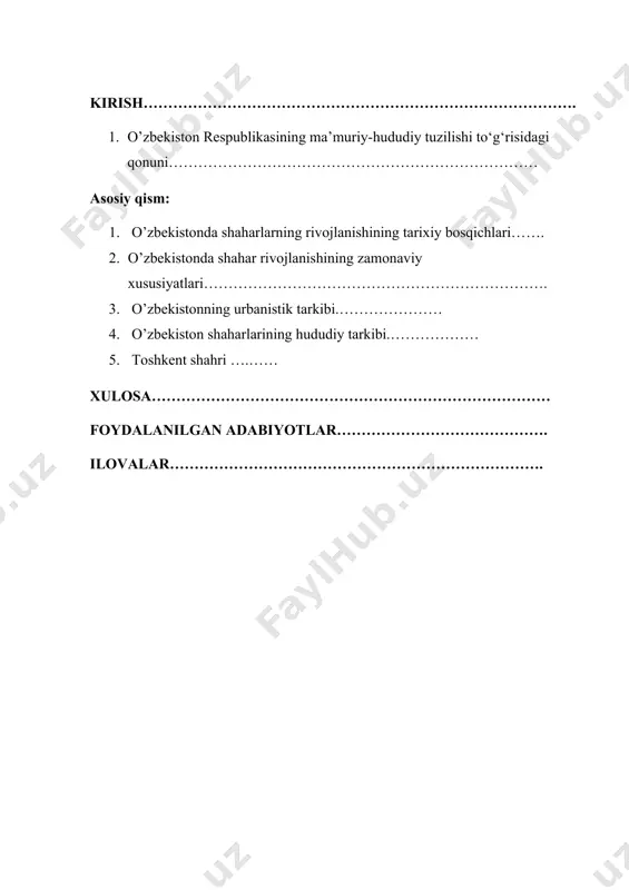 larning ijtimoiy-iqtisodiy rivojlantirilishi. 1-o‘zbekiston respublikasi viloyatlar, tumanlar, shaharlar, shaharchalar, qishloqlar, ovullardan, shuningdek qoraqalpog‘iston respublikasidan iborat. 2-qoraqalpog‘iston respublikasi tumanlar, shaharlar, shaharchalar, qishloqlar va ovullardan iborat. 3-viloyatlar tumanlardan, shuningdek viloyat va tuman bo‘ysunuvidagi shaharlardan, shaharchalar, qishloqlar hamda ovullardan iborat. viloyat bo‘ysunuvidagi shaharlar doirasida ham tumanlar tashkil qilinishi mumkin. 1-viloyatlarning ma’muriy-hududiy chegaralari doirasida respublika bo‘ysunuvidagi shaharlar bo‘lishi mumkin. 2-toshkent shahri tumanlardan iborat. ma’muriy-hududiy tuzilish masalalari bo‘yicha komissiyalar ma’muriy-hududiy tuzilish masalalari yuzasidan o‘zbekiston respublikasi vazirlar mahkamasining, qoraqalpog‘iston respublikasi vazirlar kengashining takliflarini hamda viloyatlar, toshkent shahar, tumanlar va shaharlar (qoraqalpog‘iston respublikasi tumanlari va shaharlari) hokimlarining iltimosnomalarini ko‘rib chiqish hamda davlat ekspertizasidan o‘tkazish maqsadida tashkil etiladi. o‘zbekiston respublikasi vazirlar mahkamasi tomonidan tashkil etiladigan komissiya tarkibiga o‘zbekiston respublikasi adliya vazirligi, o‘zbekiston respublikasi moliya vazirligi, o‘zbekiston respublikasi iqtisodiy taraqqiyot va kambag‘allikni qisqartirish vazirligi, o‘zbekiston respublikasi yer resurslari, geodeziya, kartografiya va davlat kadastri davlat qo‘mitasi, o‘zbekiston respublikasi davlat statistika qo‘mitasi rahbarlari kiritiladi. ko‘rib chiqiladigan masalalar mazmuniga qarab, komissiyalar tarkibiga …