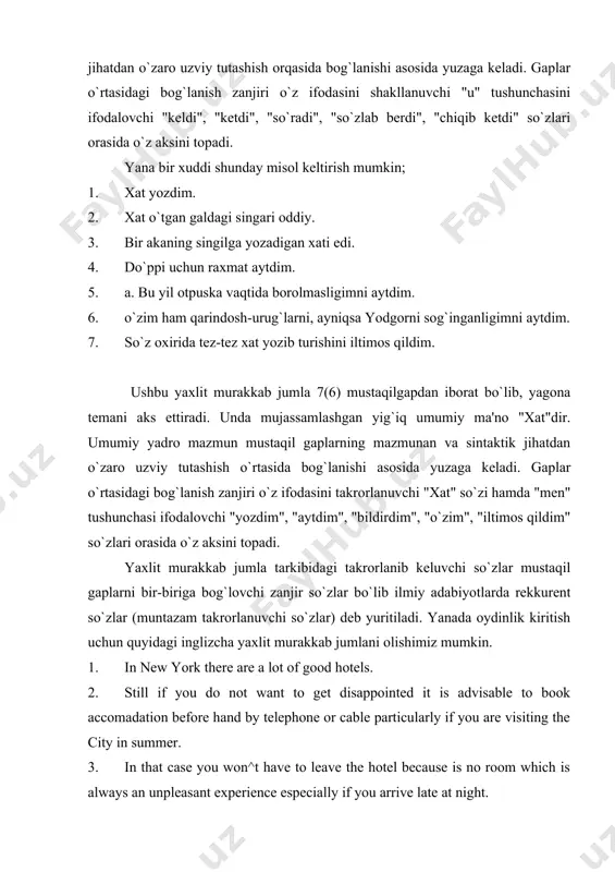 ujassamlanishi matn ma'no yaxlitligini yoki matn semantik izotopiyasini aks ettiradi. bir jumladan ikkinchisiga o`tish,bir yaxlit murakkab jumladan ikkinchisiga utishni bildiradi. shubxasiz, matn yaxlitligi o`z aksini muntazam takrorlanuvchi zanjir so`zlarda yoki rekkurentli nominasiyalarda topadi. zanjir so`zlar rekkurentligi ularning so`zma-so`z takrorida, tematik yaqin bo`lgan so`zlar yoki sinonimlar ifodasida hamda pronominalizasiya asosida namoyon bo`ladi. ushbu hollarning barchasida tema birligi yaxlit murakkab jumla tarkibidagi zanjir so`zlar referensiyasining o`xshashligini ta'min etadi. boshqacha qilib aytganda, atoqli, turdosh otlar, olmoshlar va boshqalar yaxlit murakkab jumla doirasida yagona predmet yoki real borliqning elementi bilan bog`langan bo`ladi va shu asosda umumiy o`xshashlik xususiyatiga ega bo`ladi. har safar bir yaxlit murakkab jumla doirasida yagona tema ichida qo`llanuvchi bir atoqli yoki turdosh otning o`zi hamda uning leksik sinonimlari yoki uni almashtirib kelgan olmoshlar bir predmetning o`zini yoki shaxsni nazarda tutadi. misol uchun quyidagi gazeta matnini qiyoslab ko`rish mumkin: saida kamolova. 1. saida kamolova shimoliy kavkaz frontidagi janglarda sanitar-instruktor bo`lib qatnashdi. 2. …