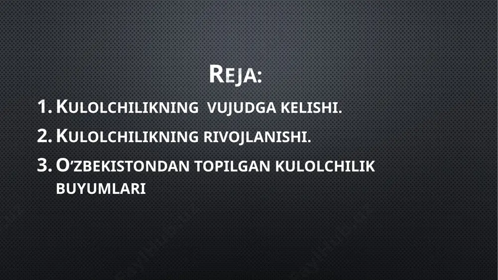 ar tayyorlashda oʻzbekiston xalq rassomi muhiddin rahimovning xizmatlari katta. arxeologik materiallar kulolchilik mahsulotlarining asrlar davomida takomillashib borganini koʻrsatadi. davr kulolchilik mahsulotlariga, uning turi va bezaklariga katta oʻzgarishlar kiritdi. oʻtmishda tayyorlangan shamdon, qorachiroq, sarxona, jomashov, xum singari sopol idishlarga ehtiyoj qolmadi. guldon, tovoq, lagan kabi sopol idishlar va buyumlarga ehtiyoj katta. meʼmorlikda ham kulolchilik mahsulotlari (koshin, parchin va boshqalar) keng koʻllanilmoqda. hozirgi kunda badiiy bezatish usuli, shakli va tayyorlanish usullariga koʻra quyidagi kulolchilik maktablari mavjud: fargʻona (asosiy markazlari — rishton, furumsaroy), buxoro-samarqand (asosiy markazlari — samarqand, urgut, gʻijduvon, uba), xorazm (asosiy markazlari — madir, kattabogʻ qishloqlari), toshkent. har bir maktab oʻzining rivojlanish va ijodiy tamoyillari, yetakchi markaz va ustalari, oʻzigagiva xos xususiyatlariga ega boʻlish bilan birga asosiy badiiy umumiylikni ham saqlagan. fargʻova (rishton)da kulolchilikning anʼanaviy badiiy va ishlab chiqarish usullari qayta tiklandi, ishkrrli sir tayyorlash yoʻlga qoʻyildi. m. ismoilov, i. komilov, u. ashurov, u. qosimov, sh. yusupov, a. vazirov, m. saidov …