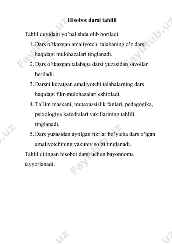 ’lumotlar: familiyasi, ismi, tug’ilgan yili. salomatligi. oilasidagi turmush sharoiti. o’qishga munosabatlari: ko’proq qanday baholar oladi. turli fanlarga qiziqishi. diqqat qilish hususiyati. o’quv materialini o’zlashtirish darajasi, materialni anglash tezligi. tafakkur qilish xususiyatlari. darslarga qiziqishi. bahoga munosabati. ongliligi. mehnatga munosabati: mehnatga qanday munosabatda bo’ladi? mehnat paytidagi xatti-harakatlari. qanday mehnat turlarini yaxshi ko’radi? jamoat ishlariga munosabati: jamoat ishlariga munosabati, ishtirok etishi. jamoat hayotiga qiziqishi – gazeta, jurnallar o’qishi, radio tinglashi, jamiyat hayotiga doir masalalarni o’rtoqlari bilan muhokama qiladimi? qanday jamiyat ishlarini bajaradi? xulqi: sinfda, jamoada o’zini tutishi. kattalarga munosabati, hurmat qilishi. jamoadagi o’rni: o’quvchilar jamoasini hurmat qiladimi? o’rtoqlariga munosabati. jamoa fikrlariga munosabati. darsdagi xulq-atvori. o’qituvchilarga munosabati. xarakteri: temperamenti. ildamligi, sustligi. xarakteridagi ijobiy, salbiy tomonlari. hissiyoti. sahiyligi, manmanlik yoki kamtarligi. mustaqilligi. irodasi. o’rtoqlari yoki o’qituvchilar bilan nizolarga boradimi? quvnoq yoki jiddiyligi. diqqati. xotirasi. nutqi. o’qishdan tashqari paytlardagi sevimli mashg’uloti. dars rejasi va konspekti oy, kun,_______sinf o’quv fani _______________________________ mavzu___________________________ dars turi _______________________________ darsning ta’limiy …