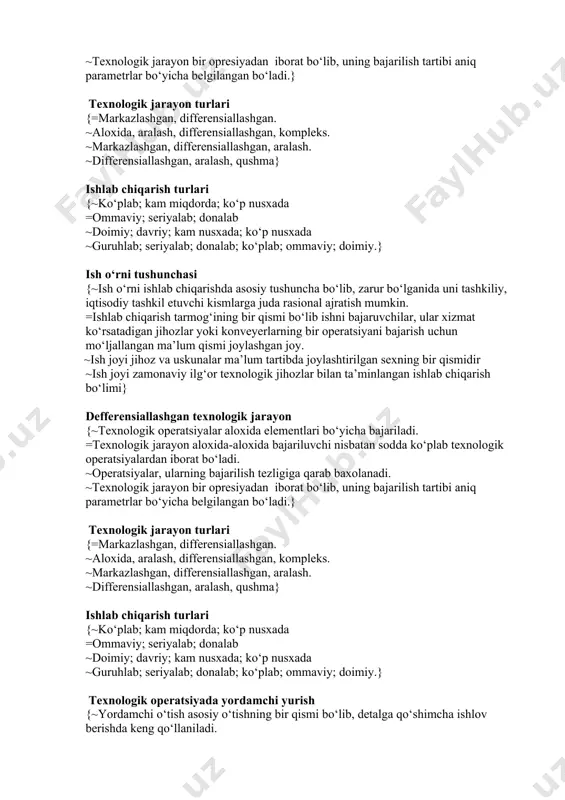 r. ~mashinalarning ish faoliyatini ta’minlashda xal qiluvchi axamiyatga ega bо‘lgan qismlari majmuasi. =ishlab chiqarilayotgan mahsulotning tashkil etuvchisi bо‘lib, boshqa korxonada tayyorlangan bо‘ladi.} seriyalab ishlab chiqarish {~doimiy ravishda bir xil mahsulotni ishlab chiqarish. =tuzilishi, о‘lchamlar, turi bо‘yicha bir-biriga yakin bо‘lgan mahsulotlarni davriy ravishda bir guruh jihozlar yordamida navbatma-navbat ishlab chiqarish. ~turli korxonalarda bir xil mahsulotni ishlab chiqarish ~kam miqdordagi mahsulotni korxonaning bir necha bо‘limlari ishtirokida ishlab chiqariladi. defferensiallashgan texnologik jarayon {~texnologik operatsiyalar aloxida elementlari bо‘yicha bajariladi. =texnologik jarayon aloxida-aloxida bajariluvchi nisbatan sodda kо‘plab texnologik operatsiyalardan iborat bо‘ladi. ~operatsiyalar, ularning bajarilish tezligiga qarab baxolanadi. ~texnologik jarayon bir opresiyadan iborat bо‘lib, uning bajarilish tartibi aniq parametrlar bо‘yicha belgilangan bо‘ladi.} texnologik jarayon turlari {=markazlashgan, differensiallashgan. ~aloxida, aralash, differensiallashgan, kompleks. ~markazlashgan, differensiallashgan, aralash. ~differensiallashgan, aralash, qushma} ishlab chiqarish turlari {~kо‘plab; kam miqdorda; kо‘p nusxada =ommaviy; seriyalab; donalab ~doimiy; davriy; kam nusxada; kо‘p nusxada ~guruhlab; seriyalab; donalab; kо‘plab; ommaviy; doimiy.} ish о‘rni tushunchasi {~ish о‘rni ishlab …