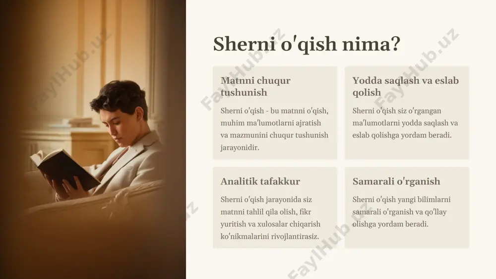 o'qilgan matnlar yuzasidan qisqa yozuvlar va fikrlarni qayd etib borish. tahlil o'qilgan matnlar ustida fikrlash va ularning mazmun-mohiyatini tushunishga harakat qilish. 5 sherni o'qish uchun tavsiya etiladigan manbalар rasmiy manbaлар sherni o'qish bo'yicha rasmiy ta'lim dasturlari, qo'llanmalar, darsliklar, davlat standartlari kabi manbalardan foydalanish tavsiya etiladi. elektron resurslар onlayn kurslar, tutoriallar, maxsus saytlar va ijtimoiy tarmoqlardagi mavzuga oid jamoalar samarali manbalar hisoblanadi. mutaxassislar maslahatлаri sherni o'qish bo'yicha tajribaga ega bo'lgan o'qituvchi, mutaxassis yoki kengashlardan maslahat olish foydali bo'ladi. adabiy manbaлar shu sohani yorituvchi badiiy, ilmiy-ommabop va yechimlar taklif etuvchi kitoblardan foydalanish yaxshi samara beradi. 6 sherni o'qish bo'yicha amaliy mashg'ulotlar 1 matn tanlash siz bir nechta matnlar orasidan biriga e'tiboringizni qaratishingiz kerak. matnni tanlab olish jarayonida uning mazmun-mohiyatini to'g'ri tushunishingiz juda muhim. 2 matndagi asosiy g'oyani belgilash matnni diqqat bilan o'qib, undagi asosiy g'oyani, g'oya va matnning umumiy mazmunini aniqlashga harakat qiling. 3 matndagi asosiy tushunchalarni aniqlash matnda keltirilgan asosiy atamalar, …