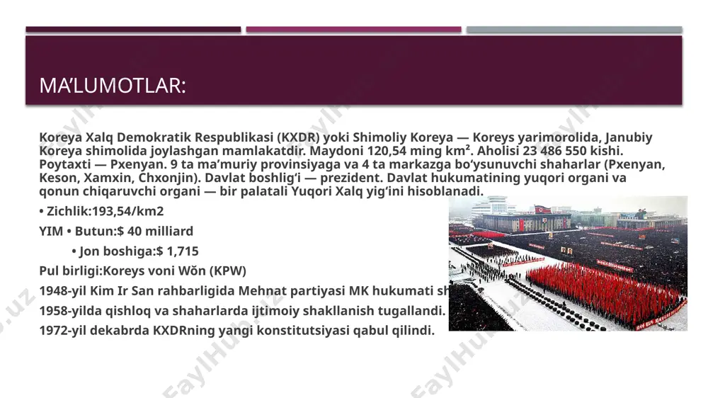 asi),1946-yilda asos solingan, k. birlashgan demokratax vatan frontiga kiradi; k. birlashgan demokratik vatan fronti — k. vatanparvar partiyalari va tashqilotlarining umummilliy fronti, mamlakat birligi va demokratik rivojlanishi uchun kurash shiori ostida 1949-yilda tuzilgan. k. birlashgan kasaba uyushmalari, 1945-yilda tuzilgan. jahon kasaba uyushmalari federatsiyasiga kiradi. iqtisodiy aloqalari: kxdr — industrialagrar mamlakat. ikkinchi jahon urushidan keyin mamlakatda ogʻir industriya asoslarini yaratish: metallurgiya, energetika, konchilik, kimyo, qurilish materiallari, avtomobilsozlik, stanoksozlik korxonalarini barpo etish yoʻli tutildi. qishloq xoʻjaligi sohasida davlat va kooperativ xoʻjaliklari tashqil etildi.oziq-ovqat sanoati, hunarmandchilik va mahalliy sanoat korxonalari mavjud. bu yerda rangli, qora, asl metallar, toshkoʻmir, temir rudasi, volfram, qoʻrgʻoshin-rux, molibden, alyuminiy rudalari, grafit, magnezit va boshqa foydali kazilmalarning zahiralari bor. iqtisodiyotining asosi ogʻir sanoat, yetakchi tarmoqlari — elektr energetika, qora va rangli metallurgiya, konchilik va kimyo sanoati, qurilish materiallari ishlab chiqarish, mashinasozlik; yengil va oziq-ovqat sanoati rivojlangan. yiliga oʻrtacha 53,5 mlrd. kvt-soat elektr energiyasi hosil qilinadi. lekin shunga karamay, 2000-yil …