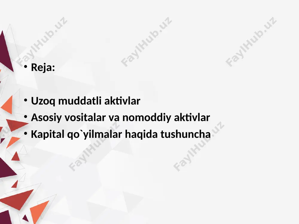 timsollar; - kompyuter dasturiy ta’minotidan foydalanish huquqi ; - korxonaning yer va tabiiy resurslardan foydalanish huquqini qo`lga kiritishi; - korxonani tashkil etish va ro`yxatdan o`tkazish davrida amalga oshirilgan tashkiliy xarajatlar; - bozorda yuqori obro`ga ega firmaning savdo markasi yoki ishlab chiqarish texnologiyasidan foydalanish huquqini (litsenziyani) sotib olish chog`ida xaridorning litsenziya egasi tomonidan qat’iy belgilab berilgan shartlarga (mahsulot va xizmatlarni sotish chog`ida sifat standartlariga rioya etish) so`zsiz rioya etishini ko`zda tutuvchi shartnoma - franchayzing; - san’at asarlari va boshqa asarlarga mualliflik huquqi; - samarali ishlab chiqarish va boshqaruv tizimini qo`llashi natijasida tarmoq korxonalariga nisbatan yuqori foyda oladigan korxonaning balans qiymati bilan bozor qiymati o`rtasidagi farq sifatida hisobga olinadigan - gudvill; - boshqa nomoddiy aktivlar. kapital qo`yilmalar — qurilish yoki asosiy vositalar yoki nomodiy aktivlarni sotib olish va ularni foydalanishga topshirishgacha bo`lgan xarajatlar summasining yig`indisiga tengdir. masalan, korxona qurilish olib borayotgan bo`lsa, qurilish bilan bog`liq barcha xarajatlar kapital qo`yilmalar hisobida aks ettiriladi. …