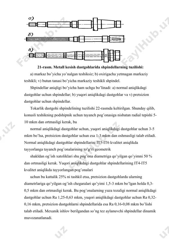 ida yoki ximik-termik ishlov berish usuli bilan toblanadi (yuzalarning sirt qismlari). shpindellarni xomashyolari ishlab chiqarish turiga va konstruktiv tuzilishiga qarab donali va kichik seriyali ishlab chiqarishda prokatdan va flanetsni hosil qilish uchun bolg’alash usulida olinadi. ko’p seriyali ishlab-chiqarish sharoitida esa shtamplanadi. xomashyo tayyorlashning zamonaviy ilg’or usuli bu flanetsni va bo’ylama o’q bo’yicha o’ynashgan teshikni hosil qilgan holda shtamplash hisoblanadi. mexanik ishlov berish jarayonining ketma-ketligi va bajarish tartibi bo’ylama o’q bo’yicha teshikka ega bo’lgan shpindellarni tayyorlash eng murakkab hisoblanadi. ularni mexanik ishlov berish yo’li bilan tayyorlash quyidagi ketma-ketlikda amalga oshiriladi: - xomashyoning har ikki sirt yuzalariga ishlov berish va markaziy teshiklarni ochish; - aylanish o’qiga ega bo’lgan tashqi yuzalarni qora va yarim toza ishlov berish; - bo’ylama o’q bo’yicha yo’nalgan ochiq teshikni parmalash; - old va orqa konus teshiklariga dag’al ishlov berish; - termik ishlov berish; - konus teshiklariga yarim toza ishlov berish; - flanetsda joylashgan teshiklarga ishlov berish; - aylanish …