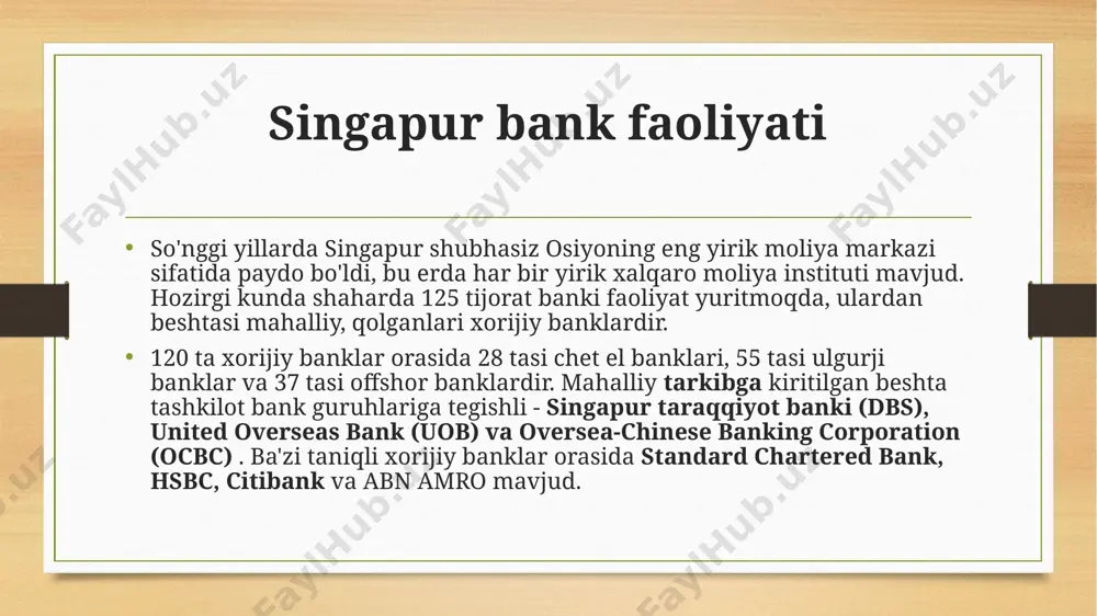 an ko'rsatiladigan ittifoqchi xizmatlar singapurdagi deyarli barcha banklar sug'urta, kreditorlik qarzlari bo'yicha xizmatlar, debitorlik qarzlari bo'yicha xizmat, savdo-sotiqni moliyalashtirish va likvidlikni boshqarish xizmatlari kabi korporativ bank echimlarining keng to'plamini taqdim etadi. kredit olish imkoniyatlari ham mavjud, ammo ular kompaniyaning moliyaviy tarixi, biznesning mohiyati, kompaniyaning singapurdagi ulushi, boshqaruv profilini, kompaniyadagi ishchilar sonini va mijozlarning profilini o'z ichiga oladi. valyuta: singapur valyutasi - bu singapur pul idorasi (mas) tomonidan chiqarilgan singapur dollari (sgd yoki s $). valyuta nazorati: singapurda pul o'tkazmalari, valyuta operatsiyalari va kapital harakatlari bo'yicha jiddiy cheklovlar mavjud emas. shuningdek, u qayta investitsiya qilishni yoki daromad va kapitalni qaytarib berishni cheklamaydi. moliyaviy xizmatlar sanoati: singapur iqtisodiyoti eng erkin, eng innovatsion, raqobatbardosh, eng dinamik va biznesga eng mos iqtisodiyotlardan biri sifatida tanilgan. singapur global savdo, moliya va transport markazidir. uning reytingiga quyidagilar kiradi: eng "texnologiyaga tayyor" mamlakat (wef), eng yaxshi xalqaro uchrashuvlar shahri (uia), "eng yaxshi investitsiya salohiyati" bo'lgan shahar (beri), …