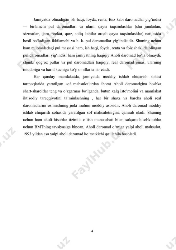 ab etiladi. aholi daromadni qayta taqsimlash korxonalar va tashkilotlarning daromadlari va jamg'armalaridan eng samarali va oqilona foydalanish manfaatlari uchun mablag'larni tarmoqlararo va hududiy qayta taqsimlash bilan bog'liq; aholi daromad yaratilmaydigan ishlab chiqarish bilan bir qatorda noishlab chiqarish sohasi (ta'lim, sog'liqni saqlash, ijtimoiy sug'urta va ijtimoiy ta'minot, boshqaruv); aholining turli ijtimoiy guruhlari o'rtasida daromadlarni qayta taqsimlash bilan. qayta taqsimlash natijasida ikkilamchi yoki hosila daromadlar hosil bo'ladi. bular noishlab chiqarish sohasidagi daromadlar, soliqlar ( daromad solig'i jismoniy shaxslardan va boshqalar). ikkilamchi daromadlar aholi daromaddan foydalanishning yakuniy nisbatlarini shakllantirishga xizmat qiladi. aholi daromadni taqsimlash va qayta taqsimlashda faol ishtirok etib, moliya aholi daromadni birlamchi taqsimlash paytida vujudga kelgan nisbatlarni uning oxirgi ishlatilish nisbati darajasida o'zgarishiga hissa qo'shadi. bunday taqsimot jarayonida olingan daromadlar, bir tomondan, moddiy va moliyaviy resurslar bilan, avvalambor, pul mablag'lari hajmi va ularning tuzilishi bilan ishlab chiqarish vositalari va iste'mol tovarlari hajmi va tuzilishi o'rtasidagi izchillikni ta'minlashi kerak. , boshqa tomondan. …