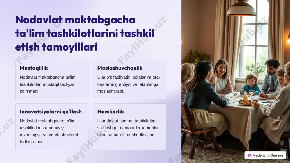 t maktabgacha ta'lim tashkilotlarini rivojlantirish istiqbollari innovatsiyalar nodavlat maktabgacha ta'lim muassasalarida zamonaviy texnologiya va yondashuvlarni faol qo'llash. xalqaro hamkorlik nodavlat maktabgacha ta'lim sohasida xalqaro loyihalar va dasturlarni amalga oshirish. sifatni yaxshilash maktabgacha ta'lim sifatini doimiy ravishda oshirib borish - asosiy maqsad. xususiy investitsiyalar nodavlat maktabgacha ta'lim muassasalarini rivojlantirish uchun xususiy investitsiyalarni jalb etish. https://gamma.app/?utm_source=made-with-gamma
