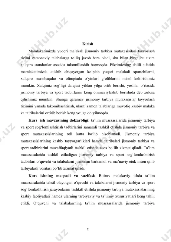 i jismonan barkamol va ma’naviy etuk inson qilib tarbiyalash vositasi bo‘lib xizmat qiladi. kurs ishning maqsadi va vazifasi: bitiruv malakaviy ishda ta’lim muassasalarida tahsil olayotgan o‘quvchi va talabalarni jismoniy tarbiya va sport sog‘lomlashtirish jarayonlarini tashkitl etishda jismoniy tarbiya mutaxassislarining kasbiy faoliyatlari hamda ularning tarbiyaviy va ta’limiy xususiyatlari keng tahlil etildi. o‘quvchi va talabalarrning ta’lim muassasalarida jismoniy tarbiya tadbirlarini asosiy shakllari va ularni tashkil etish uslublari va talablari ham o‘rganildi. bitiruv malakaviy ishda jismoniy tarbiya va sport mutaxassislari tayyorlash jarayonlari va ularga qo‘yiladigan talablar, ularning kasbiy mahoratlarini takomillashtirish, tajriba hamda malakalarini ortirish jarayonlarining shakllari ham o‘rganildi. kurs ishining predmeti va ob’ekti; andijon davlat universiteti qoshidagi 4-sonli akademik litseyda tahsil oluvchi o‘quvchilarning jismoniy tarbiya, sport va sog‘lomlashtirish tadbirlari o‘rganilgan. ilmiy tadqiqot ishlarida 50 dan ortiq o‘quvchilar jalb etilgan. ilmiy tadqiqot ishlarida litseyda tashkil etilgan jismoniy tarbiya va sport, sog‘lomlashtirish tadbirlarini tashkil etishda jismoniy tarbiya mutaxassislarining kasbiy faolityalarining xususiyatlari o‘rganilgan. i.bob.jismoniy tarbiya o'qituvchilarining …