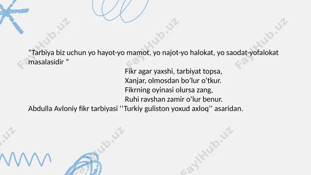 qaror toptirish mumkin emas. shu bois, xalq an’analari, urf odatlari, marosimlari, xalq ogʻzaki ijodi, milliy oʻyinlar va ularda ifodalangan gʻoyalarni oʻquvchilar ongiga singdirish, ularda ushbu gʻoyaga nisbatan hurmatni qaror toptirish lozim. umumbashariyat uchun qadrli, ardoqli boʻlgan, insoniyat oʻtmishi, buguni hamda kelajagi uchun dahldor qadr-qimmatga ega boʻlgan an’anlar, urf-odatlar haqida ma’lumotlar berish, ularda mehr-muhabbat tuygʻusini uygʻotish, ularni qoʻllab-quvvatlash, ezgu gʻoyalar uchun kurashish hissini qaror toptirish tarbiya jarayonida amalga oshirilishi lozim. tarbiyada izchillik va tizimlilik – tarbiyaga yaxlit tizimli yondoshish pedagogik harakatning pirovard natijasiga yoʻnaltirilganlik darajasini belgilab beradi. bunday pedagogik maqsad va vazifalar, ularning mazmuni tarbiyaviy jarayonning barcha qatnashuvchilari tomonidan tan olinishi shart. tarbiyada izchillik juda muhimdir. oʻquvchilarga birdaniga koʻp talab va qoidalarni taqdim qilish mumkin emas. oʻqituvchilar oʻquvchilarga boʻlgan munosabat jarayonida oʻzaro bir-biriga zid harakatda boʻlmasliklari, yagona talab qoʻyishlari lozim. tarbiyani ijtimoiy hayot bilan qoʻshib olib borish. mehnatning tarbiyaviy ta’siri gʻoyat kattadir. mehnatda ishtirok etish va unumli mehnat qilish bilan shaxs …
