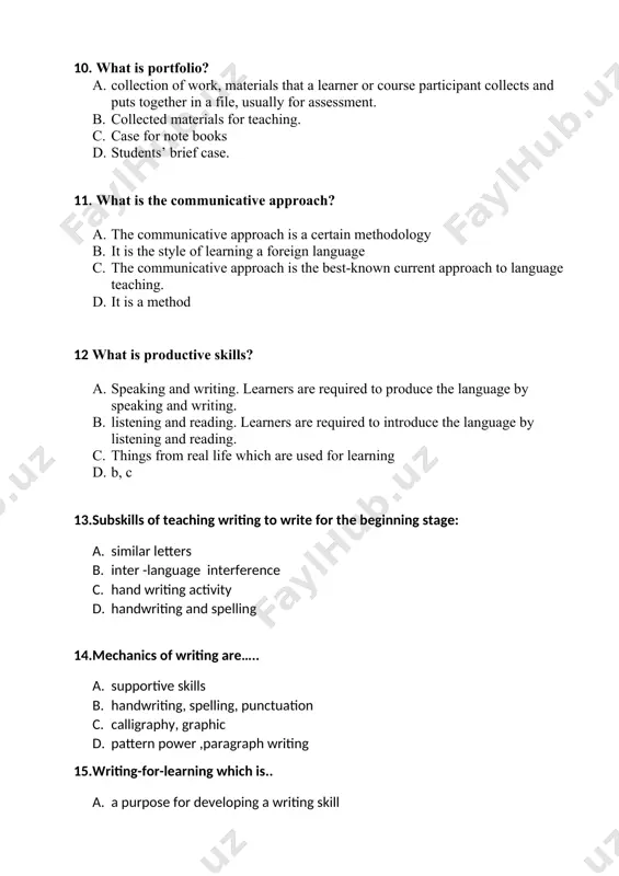 anics of writing. 18.what is intensive reading? a. retelling a text for a teacher to check learners’ understanding of the text b. reading a text quickly to get the main idea c. reading a text quickly to find specific information (names, places, dates, numbers, etc.) d. reading carefully for detailed understanding (e.g., main ideas, vocabulary, details) 19. a good reading lesson has… a. post, while, start b. pre, while, conclusion c. pre, while and post stages d. beginning and ending 20. a type of speed reading technique which is used when the reader wants to locate a particular piece of information without necessarily understanding the rest of a text or passage. for example, the reader may read a chapter of a book as rapidly as possible in order to find out information about a particular date, such as when someone was born. a. scanning b. skimming c. intensive reading d. …