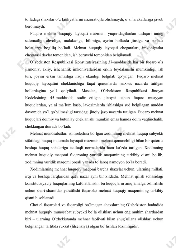 qiy munosabat subyekti bo`la olishlari uchun eng muhim shartlardan biri – ularning o`zbekistonda mehnat faoliyati bilan shug`ullana olishlari uchun belgilangan tartibda ruxsat (litsenziya) olgan bo`lishlari lozimligidir. «aholini ish bilan ta`minlash to`g`risida»gi qonunning 13-moddasida chet el fuqarolarining o`zbekiston respublikasidagi mehnat faoliyati qonun hujjatlarida belgilangan tartibda amalga oshirilishi mumkinligi ko`rsatilgan. o`zbekiston respublikasi vazirlar mahkamasining 1995 yil 19 oktabrdagi 408-sonli qarori bilan tasdiqlangan «o`zbekiston respublikasida xorijiy ishchi kuchlarini jalb qilish va ulardan foydalanish tartibi to`g`risidagi nizom» ham xuddi shu masalaga qaratilgan . fuqaroligi yo`q shaxslar belgilangan tartibda o`zbekiston xududida doimiy yashash uchun guvohnoma olganlaridan keyin mehnat faoliyati bilan shug`ullanishlari mumkin. tegishli ruxsatnoma (litsenziya)ga ega bo`lmagan shaxslarni o`zbekistonda mehnat faoliyati bilan shug`ullanishlari taqiqlanadi, bunday hollar aniqlangan taqdirda chet el fuqarosi o`zbekistondan chiqarib yuboriladi. bunday shaxslarning litsenziyasiz ishga qabul qilgan mansabdor shaxslar tegishli huquqiy javobgarlikka tortilishi mumkin. fuqarolar (jismoniy shaxslar) mehnat huquqi subyekti sifatida muayyan majburiyatlarni bajarishlari lozimligi ularning mehnat-huquqiy maqomining eng muhim tarkibiy qismi …