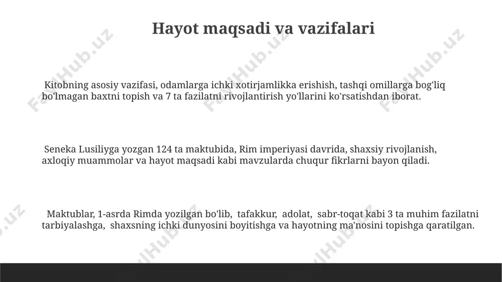 ning 7 ta asosiy fazilatlaridan biri sifatida ko'rib, roma jamiyatida bu fazilatlarning yo'qolishiga qarshi kurashishni tavsiya qiladi. seneka lusiliyga yozgan 124 ta maktubida, rim imperiyasi davrida, ya’ni milodiy 65 yilda, adolat va halollik masalalariga alohida e’tibor qaratgan. seneka o'zining 20 dan ortiq maktubida shaxsiy boylikka emas, balki ichki tinchlik va halollikka erishishning ahamiyatini, ya’ni haqiqiy baxtning 3 asosiy tarkibiy qismini ta’kidlaydi. seneka merosi va zamonaviy ahamiyati seneka falsafasi, stoitsizmga asoslangan holda, butun dunyo bo'ylab, jumladan o'zbekiston kabi mamlakatlarda ham, o'z-o'zini anglash va hayotga bo'lgan munosabatni shakllantirishda ta'sirli bo'lib qolmoqda. seneka 65 yilda rimda yozgan maktublarida boylikka, shuhratparastlikka va siyosiy intrigalarga qarshi kurash haqida fikrlar bayon etib, zamonaviy dunyoda ham dolzarb bo'lgan 3 asosiy axloqiy tamoyilni ta'kidlaydi. senekaning lusiliyga yozgan 124 ta maktubi, stress menejmenti, shaxsiy rivojlanish va ichki xotirjamlikka erishish masalalarida 21-asr insonlari uchun ham foydali ko'rsatmalar beradi. taqdirga bo'ysunish senekaning lusiliyga yozgan 7-xati rim imperiyasi davrida yozilgan bo'lib, taqdirga …