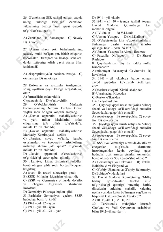 o’z jonini omon saqlash maqsadida b) sharqiy hududlarni qizil armiyadan himoya qilish maqsadida c) oila a’zolarini chegaradan chet elga chiqarib yuborish maqsadida d) shahar obidalari va aholini omon saqlash maqsadida 18. amir olimxon qanday maqsadda amirlik poytaxtini tashlan buxoroning sharqiy tomoniga chekinadi? a) o’z jonini omon saqlash maqsadida b) sharqiy hududlarni qizil armiyadan himoya qilish maqsadida c) oila a’zolarini chegaradan chet elga chiqarib yuborish maqsadida d) shahar obidalari va aholini omon saqlash maqsadida 18.ikkinchi besh yillikning asosiy vazifasi nimadan iborat edi? a) savodsizlikni mamlakat bo`ylab tugatish; b) qishloq xo`jaligini jamoalashtirish; c) sanoatni industrlashtirish d) sotsialistik madaniyatni rivojlantirish; 19. o`zbek diviziyasini milliylashtirish, bu diviziya yordamida o`zbekistonni sssr tarkibidan ajratib olish va mustaqil davlat barpo etishda ayblangan shaxslar otib tashlangan vaqtda sodir bo`lgan voqeani aniqlang. a) fitrat, cho`lpon, abdulla qodiriy otib tashlandi; b) fayzulla xo`jayev, akmal ikromov qamoqqa olindi; c) mirkomil mirsharopov qamoqqa olindi; d) ,,milliy istiqlol“ a’zolari otib o`ldirishga hukm qilindi; …
