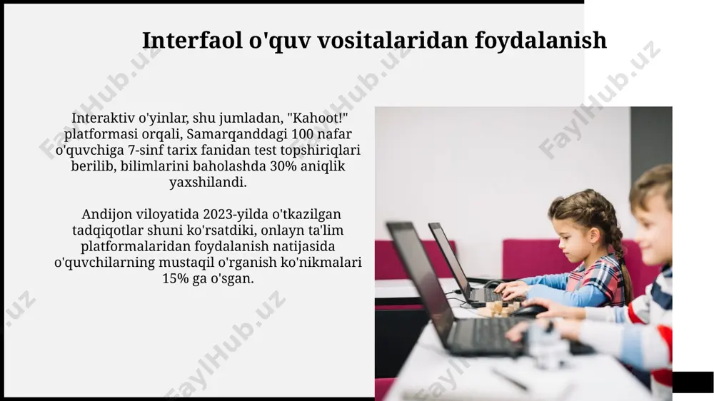 dan foydalanish o'quvchilarning matematika fanidan o'rtacha ballarini 15% ga oshirgan. o'zbekistonning 70% maktablarida mobil qurilmalar ta'lim jarayoniga qo'shilgan bo'lib, bu o'quvchilarning 25% i uchun onlayn resurslarga kirish imkoniyatini ta'minlamoqda. woodgrove bank aktdan foydalanishda duch kelinadigan muammolar va ularning yechimlari o'qituvchilarning aktdan foydalanish bo'yicha yetarli malakasining yetishmasligi, taxminan 30% o'qituvchilar orasida kuzatiladi. buni hal qilish uchun onlayn kurslar, treninglar va qo'llab-quvvatlash markazlari tashkil etish zarur. akt resurslarining cheklanganligi, jumladan, kompyuter va dasturiy ta'minotning etishmasligi, toshkent shahridagi 5 ta maktabda 10% dan ortiq sinflarda kuzatiladi. muammoning yechimi sifatida grantlar, xayriya mablag'lari va davlat tomonidan qo'shimcha mablag' ajratish orqali hal qilinishi mumkin. woodgrove bank kelajakdagi istiqbollar va yangi texnologiyalar o'zbekistonning qishloq hududlarida keng polosali internetga kirish imkoniyati 2028-yilga kelib 95% ga yetadi, bu esa masofadan turib ta'lim olish imkoniyatlarini sezilarli darajada kengaytiradi. 2025-yilga borib, o'zbekistonning 10 ta yirik shaharlarida ta'lim muassasalarining 80% dan ortig'i sun'iy intellekt texnologiyalaridan foydalanadigan bo'ladi, bu esa o'quv jarayonini …