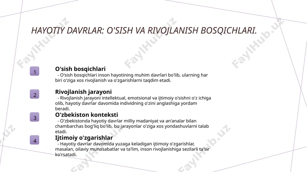 inqirozlar paytida muammolarni hal qilishda muhim rol o'ynaydi, yordamlashish va birgalikda yashashga undaydi. inson rivojlanishi: madaniy kontekstda inqirozlarni boshqarish. 1 madaniyat va inqiroz madaniyat, inson rivojlanishida inqirozlarni boshqarishda muhim rol o'ynaydi. u yurtimizdagi qadriyatlar va urf-odatlar orqali inqirozlarni yengish imkonini beradi. 2 yoshlikdagi inqirozlar yoshlik davrida yuzaga keladigan inqirozlar, shaxsiy identitet va ijtimoiy aloqalar bilan bog'liq. o'zbek madaniyatida bu davrda qo'llab-quvvatlash muhimdir. 3 oila va jamiyat oila va jamiyat inqirozlarni boshqarishda asosiy rol o'ynaydi. o'zbek madaniyatida, oilaviy qadriyatlar, inqirozlarni yengishda yordam beradi va birgalikda yechim topish imkonini beradi. inson rivojlanishi: hayotiy davrlarning o'zgarishlari va muammolari. 1 hayotiy davrlar o'zgarishi hayotiy davrlar davomida insonlar o'zgarishlarga duch keladi. bu o'zgarishlar qobiliyatlar, hissiyotlar va ijtimoiy rollarda ko'rinadi. 2 muammolar va qiyinchiliklar har bir davrda yuzaga keladigan muammolar, masalan, o'smirlik inqirozi yoki oila qurishdagi qiyinchiliklar, shaxsiy rivojlanishga salbiy ta'sir ko'rsatishi mumkin. 3 ijtimoiy ta'sirlar ijtimoiy muhit va madaniyat, inson rivojlanishiga ta'sir etuvchi omillar sifatida, …