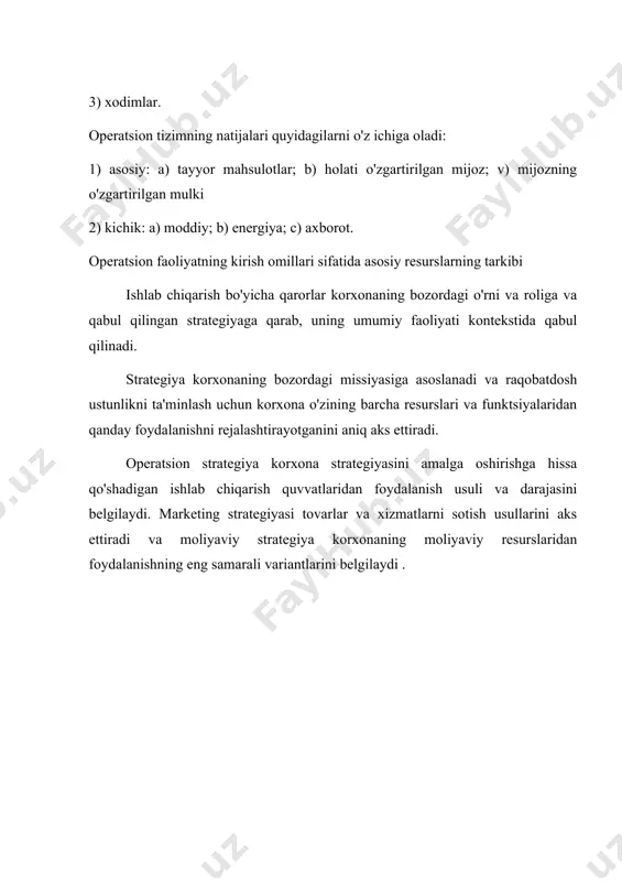 lgilarga ko'ra bo'linadi: maqsad, vaqt bo'yicha oqim, avtomatlashtirish darajasi. maqsadiga ko'ra ishlab chiqarish texnologik jarayonlarini asosiy, yordamchi va xizmat ko'rsatishga bo'lish mumkin. asosiy texnologik jarayonlar tashkilotning asosiy mahsulotlarini ishlab chiqarish jarayonlari bo'lib, uning ishlab chiqarish belgisini, ixtisoslashuvini belgilaydi va sotish uchun mahsulot sifatida sotuvga chiqariladi. bir qator tarmoqlarda asosiy texnik jarayonlar bosqichlarga bo'linadi: ishlab chiqarish, qayta ishlash, yakuniy (yig'ish). ular birgalikda asosiy reliz (ishlab chiqarish) yaratadilar. yordamchi jarayonlarga ideal mahsulotni chiqarish jarayonini shakllantirish uchun tashkilotning o'zida qo'llaniladigan mahsulotlarni ishlab chiqarishning texnologik jarayonlari kiradi. yordamchi texnologik jarayonlar o'z maqsadlariga ko'ra guruhlarga bo'linadi va shu orqali ta'mirlash, asbob-uskunalar, energiya va boshqalar kabi ishlab chiqarish jarayonlarini tashkil qiladi. texnik xizmat ko'rsatish texnologik jarayonlari asosiy va yordamchi texnologik jarayonlarni shakllantirish uchun tegishli sharoitlarni ta'minlaydi. bularga ombor, transport texnologik jarayonlari kiradi.vaqt o`tishi bilan ishlab chiqarish texnologik jarayonlari diskret (uzluksiz) va uzluksiz bo`linadi. diskret jarayonlar tsikliklikka mos keladi, chunki u qismlarga (transport, asboblar, kiyim-kechak va boshqalar) …