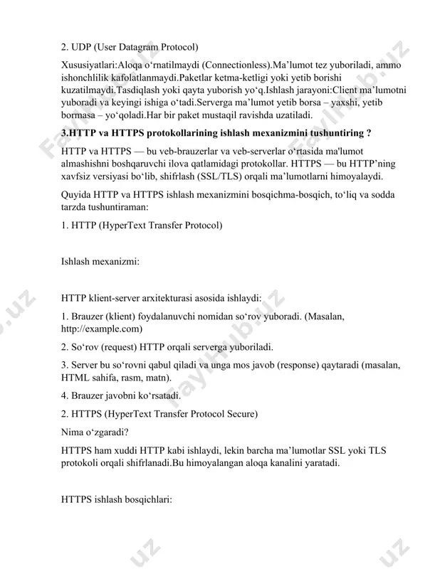 motni tuta olsa ham, uni o‘qiy olmaydi. 4.ssh (secure shell) protokolining xavfsizlikdagi o’rni va afzalliklarini tushuntiring? ssh (secure shell) — bu tarmoq orqali boshqa kompyuterga xavfsiz tarzda ulanish va uni masofadan boshqarish uchun ishlatiladigan protokol. bu ayniqsa serverlarga, routerlarga, kommutatorlarga yoki boshqa qurilmalarga terminal orqali ulanish uchun keng qo‘llaniladi. ssh protokolining xavfsizlikdagi o‘rnissh internet yoki lan orqali masofaviy tizimlarga kirishni ta'minlasa-da, bu kirishni yuqori darajada himoyalangan holatda amalga oshiradi. uning xavfsizlikdagi o‘rni quyidagicha: 1. ma'lumotlarni shifrlash (encryption):ssh orqali yuborilayotgan barcha ma'lumotlar, shu jumladan login, parol, buyruqlar, natijalar shifrlanadi.bu man-in-the-middle yoki sniffing (tarmoqqa quloq solish) hujumlaridan himoya qiladi. 2. identifikatsiya (authentication):ssh foydalanuvchini aniqlaydi: parol orqali yoki public/private key (kalit juftligi) orqali.kalitlar yordamida tizimga parolsiz xavfsiz kirish mumkin (juda ishonchli usul). 3. ma’lumot butunligi (integrity):ssh har bir uzatilgan ma’lumot paketining o‘zgartirilmaganligini tekshiradi.agar paket o‘zgartirilgan bo‘lsa, tizim bu haqida xabar beradi yoki rad etadi. 4. xavfsiz tunnellash (port forwarding):ssh orqali boshqa xizmatlarga xavfsiz …