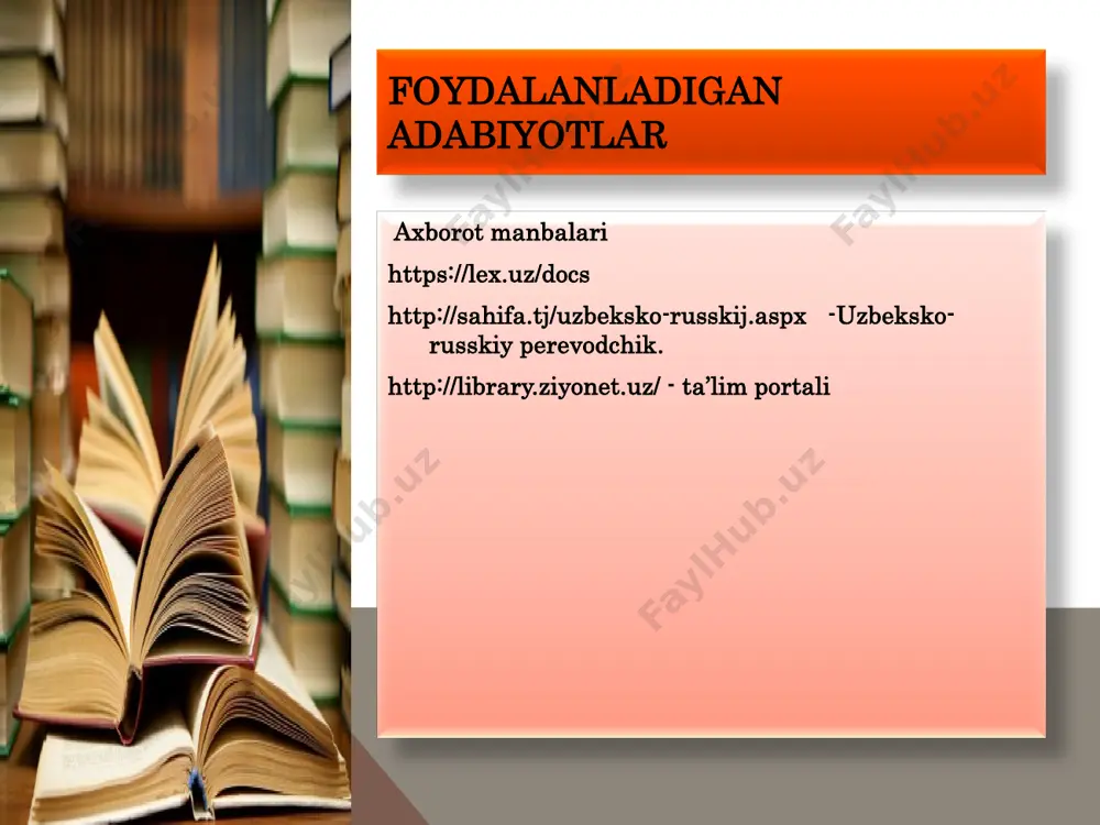 atdan so‗z va qo‗shimchalarning noto‗g‗ri talaffuz etilishi, urg‗uni o‗rinsiz qo‗llash. •2. leksik-grammatik tomondan shevaga xos so‗z va shakllarning, ibora va so‗z birikmalarining ishlatilishi. •3. o‗rinsiz qo‗llangan chet so‗z va so‗z birikmalari (varvarizmlar). •4. jargonlar. •5. vulgarizmlar •6. nutqda ortiqcha takrorlanadigan bekorchi-parazit so‗zlar. •7. kanselyarizmlar. •nutqning tozaligi, tilning sofligini buzuvchi nome`yoriy unsurlardan biri-fonetik-orfoepik jihatdan so‗z va qo‗shimchalarni noto‗g‗ri talaffuz etishdir. buxoroga bo‗ldim, aslida buxoroda bo‗ldim kabi. •tilning sofligiga putur yetkazuvchi faktorlardan yana biri so‗z va qo‗shimchalarni mahalliylashtirib, sheva xos holda talaffuz etishdir. masalan: parhod (farhod), kelopti (kelyapti), kelli (keldi), ko‗rdiz- ku? (ko‗rdingizku-ku?) kabi. 5. nutqning ta‘sirchanligi. 18 •nutqning ta‘sirchanligi deganda, asosan, og‗zaki nutq jarayoni nazarda tutiladi va shuning uchun uning tinglovchi tomonidan qabul qilinishidagi ruhiy vaziyatni e‘tiborga olish ham muhim sanaladi. •nutqning tinglovchilarga qanday ta‘sir qilishida va ularda qanday taassurot qoldirishida notiqning nutqiy jarayon davomida o‗zini qanday tuta bilishi, jest va mimikalari, hatto kiyinishi kabi omillarning ham ahamiyati bor. samimiylik, xushmuomalalik, …