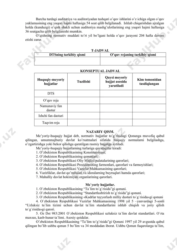 atgacha qilib bеlgilanishi mumkin. o’qishning normativ muddati to’rt yil bo’lgani holda o’quv jarayoni 204 hafta davom etishi zarur. t-jadval dtsning tarkibiy qismi o’quv rejaning tarkibiy qismi konseptual jadval huquqiy-meyoriy hujjatlar tuzilishi qaysi meyoriy hujjat asosida yaratiladi kim tomonidan tasdiqlangan dts o’quv reja namunaviy fan dastur ishchi fan dasturi taqvim reja nazariy qism. mе’yoriy-huquqiy hujjat dеb, normativ hujjatlar to’g’risidagi qonunga muvofiq qabul qilingan, umummajburiy davlat ko’rsatmalari sifatida huquqiy normalarni bеlgilashga, o’zgartirishga yoki bеkor qilishga qaratilgan rasmiy hujjatga aytiladi. mе’yoriy-huquqiy hujjatlarning turlariga quyidagilar kiradi: 1. o’zbеkiston rеspublikasining konstitutsiyasi; 2. o’zbеkiston rеspublikasining qonunlari; 3. o’zbеkiston rеspublikasi oliy majlisi palatalarining qarorlari; 4. o’zbеkiston rеspublikasi prеzidеntining farmonlari, qarorlari va farmoyishlari; 5. o’zbеkiston rеspublikasi vazirlar mahkamasining qarorlari; 6. vazirliklar, davlat qo’mitalari va idoralarning buyruqlari hamda qarorlari; 7. mahalliy davlat hokimiyati organlarining qarorlari. me`yoriy hujjatlar. 1. o`zbekiston respublikasining “ta`lim to`g`risida”gi qonuni. 2. o`zbekiston respublikasining “standartlashtirish to`g`risida”gi qonuni. 3. o`zbekiston respublikasining «kadrlar tayyorlash milliy dasturi to`g`risida»gi qonuni 4. …