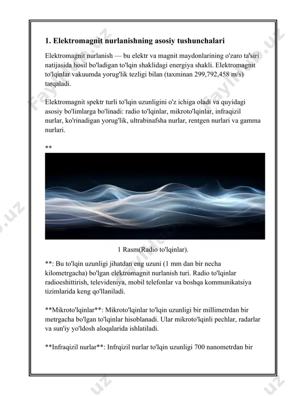 levizion uzatishlar uchun ishlatiladi. radio to'lqinlarning to'lqin uzunligi bir necha millimetrdan ming kilometrlargacha yetishi mumkin. 2. **mikroto'lqinlar**: bu to'lqinlar radio to'lqinlardan keyin keladi va yuqoriroq chastotalarga ega. mikroto'lqinlar uyali aloqa, wi-fi, radar tizimlari va mikroto'lqinli pechlar uchun ishlatiladi. ularning to'lqin uzunligi taxminan 1 millimetrdan 1 metrgacha o'zgaradi. 3. **infraqizil nurlar**: bu nurlar issiqlik energiyasini tarqatadi va ular ko'rinadigan yorug'likdan uzayadi. infraqizil nurlar issiqlik kameralarida va masofadan boshqarish qurilmalarida qo'llaniladi. ularning to'lqin uzunligi 700 nanometrdan (nm) 1 millimetrgacha o'zgaradi. 4. **ko'rinadigan yorug'lik**: bu insonga ko'rinadigan elektromagnit spektr qismidir. ko'rinadigan yorug'lik spektri to'lqin uzunligi 380 nm dan 750 nm gacha bo'lgan nurlardan iborat. bu spektrning ranglari binafsha, ko'k, yashil, sariq, to'q sariq va qizil ranglardir. 5. **ultrabinafsha (uv) nurlar**: bu nurlar ko'rinadigan yorug'likdan yuqoriroq chastotaga ega. ultrabinafsha nurlar quyoshdan keladi va terini kuyishga olib kelishi mumkin. uv nurlarining to'lqin uzunligi 10 nm dan 400 nm gacha o'zgaradi. ular uch qismga bo'linadi: uv-a, …